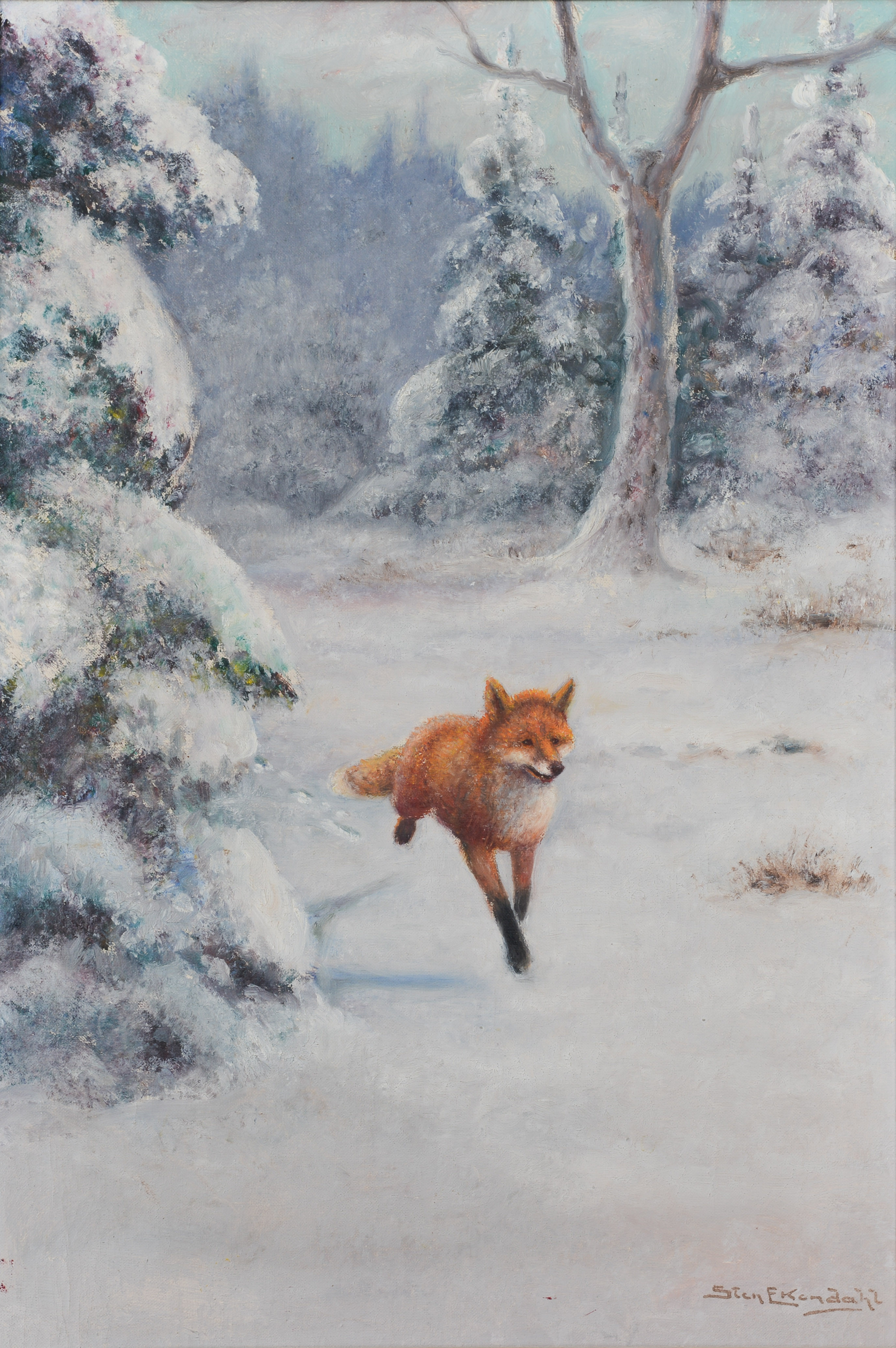 STEN EKENDAHL. Räv i snölandskap, olja på duk, signerad.