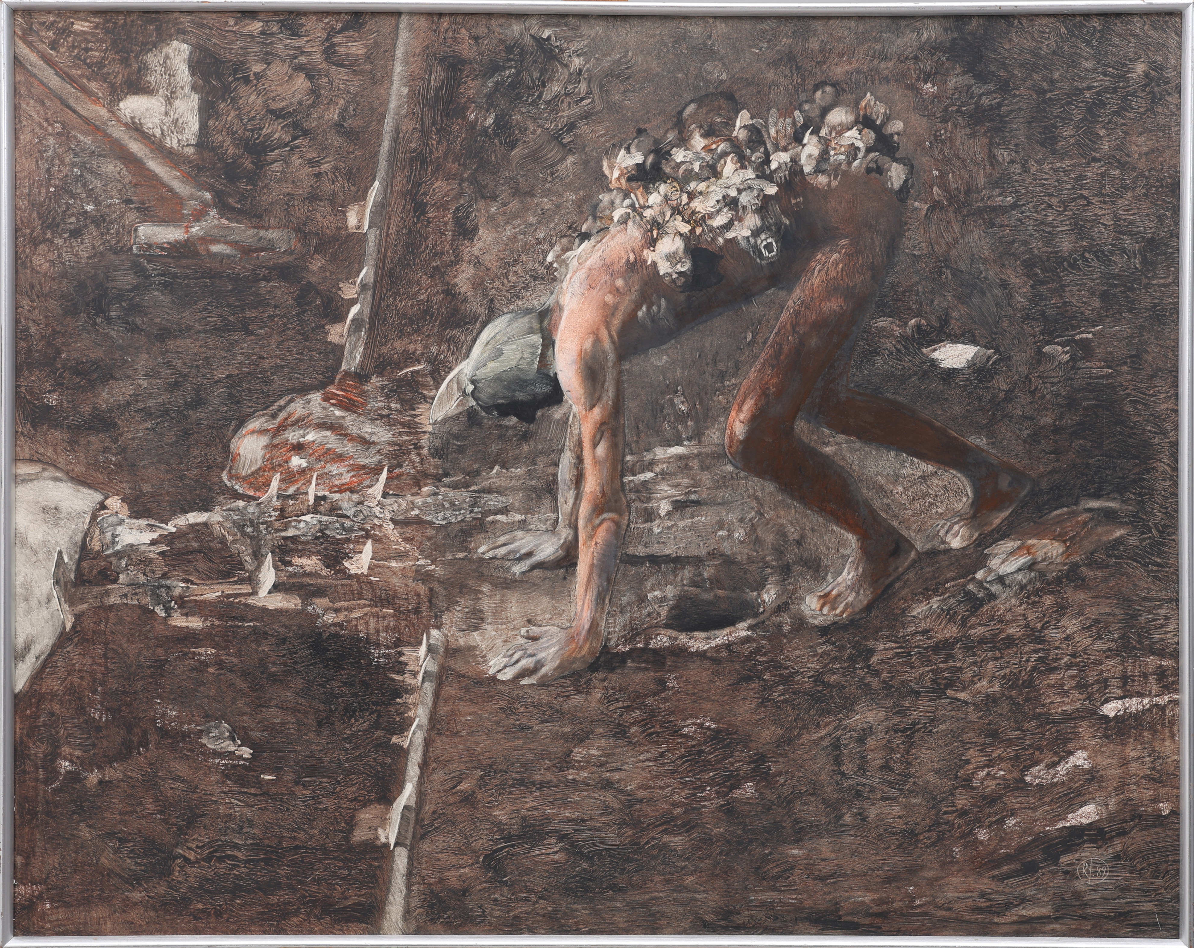 ROJ FRIBERG. BLANDTEKNIK PÅ PANNÅ, "SHAMANEN", MONOGRAMSIGNERAD OCH DATERAD 1989.