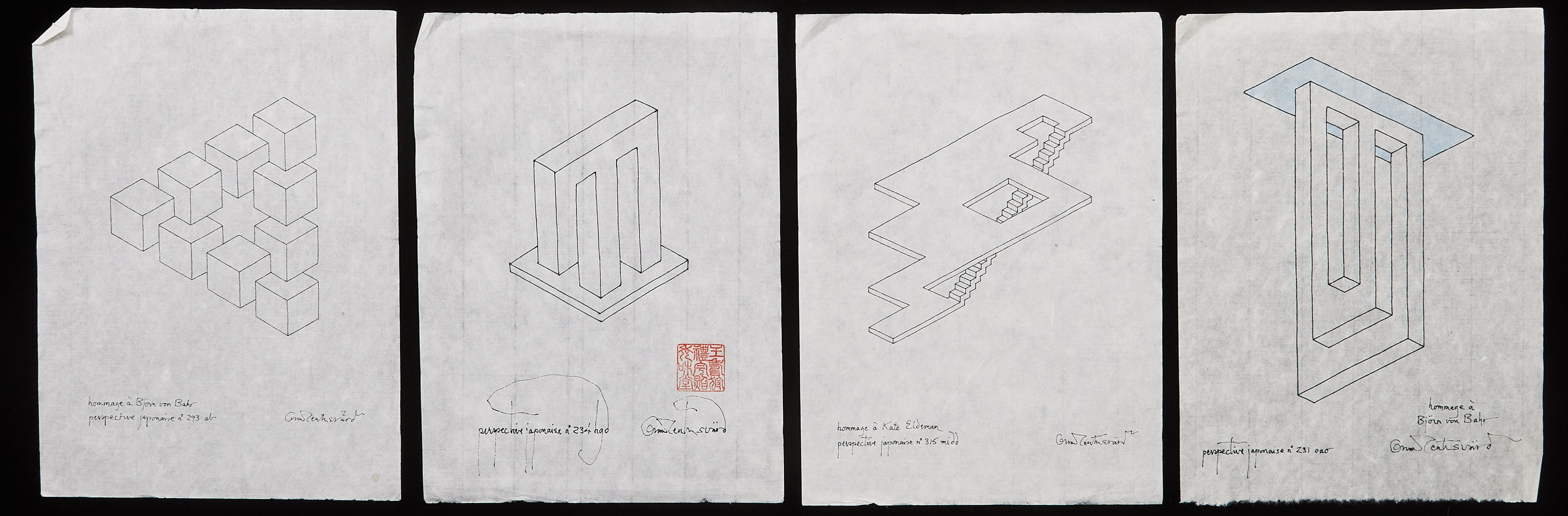 OSCAR REUTERSVÄRD. "Perspective Japonaise", No 315, No 234, No 231 samt No 293, 4 st, tusch på japanpapper, samtliga signerade.