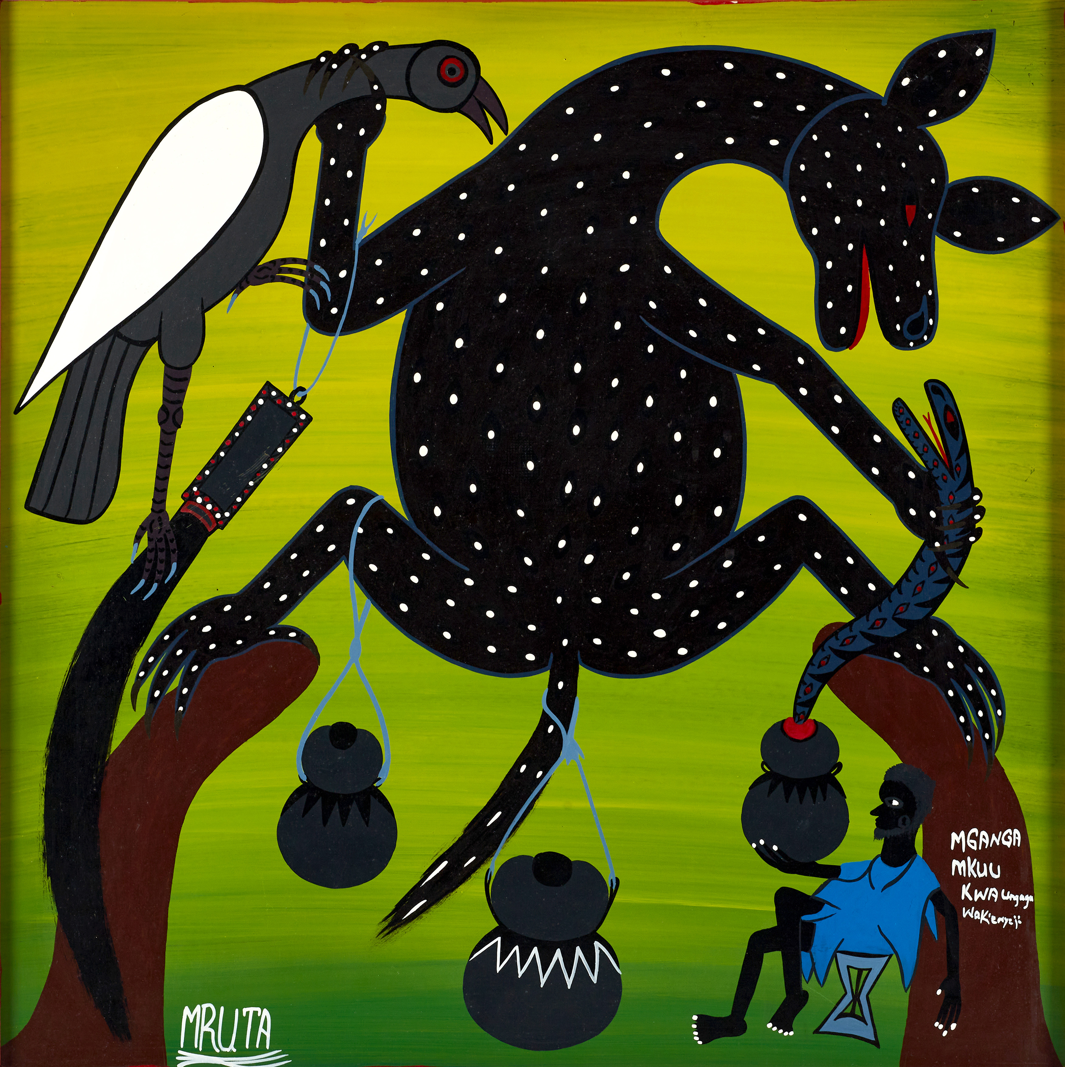 HASHIM MRUTA (1942-1998): Komposition med djur, lackfärg på pannå.