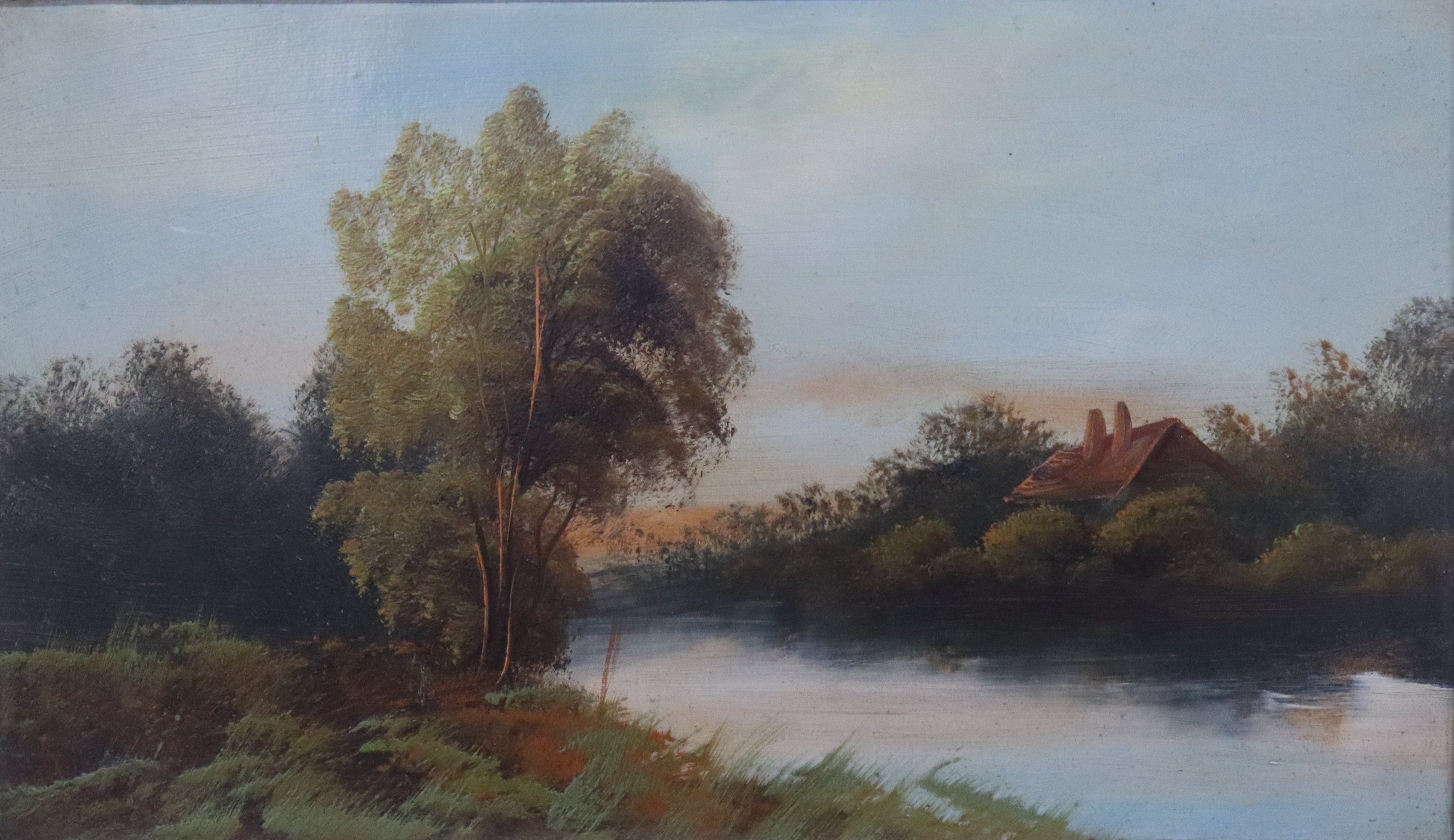 OIDENTIFIERAD KONSTNÄR. olja på papp, landskap vid vatten, 1800-tal.