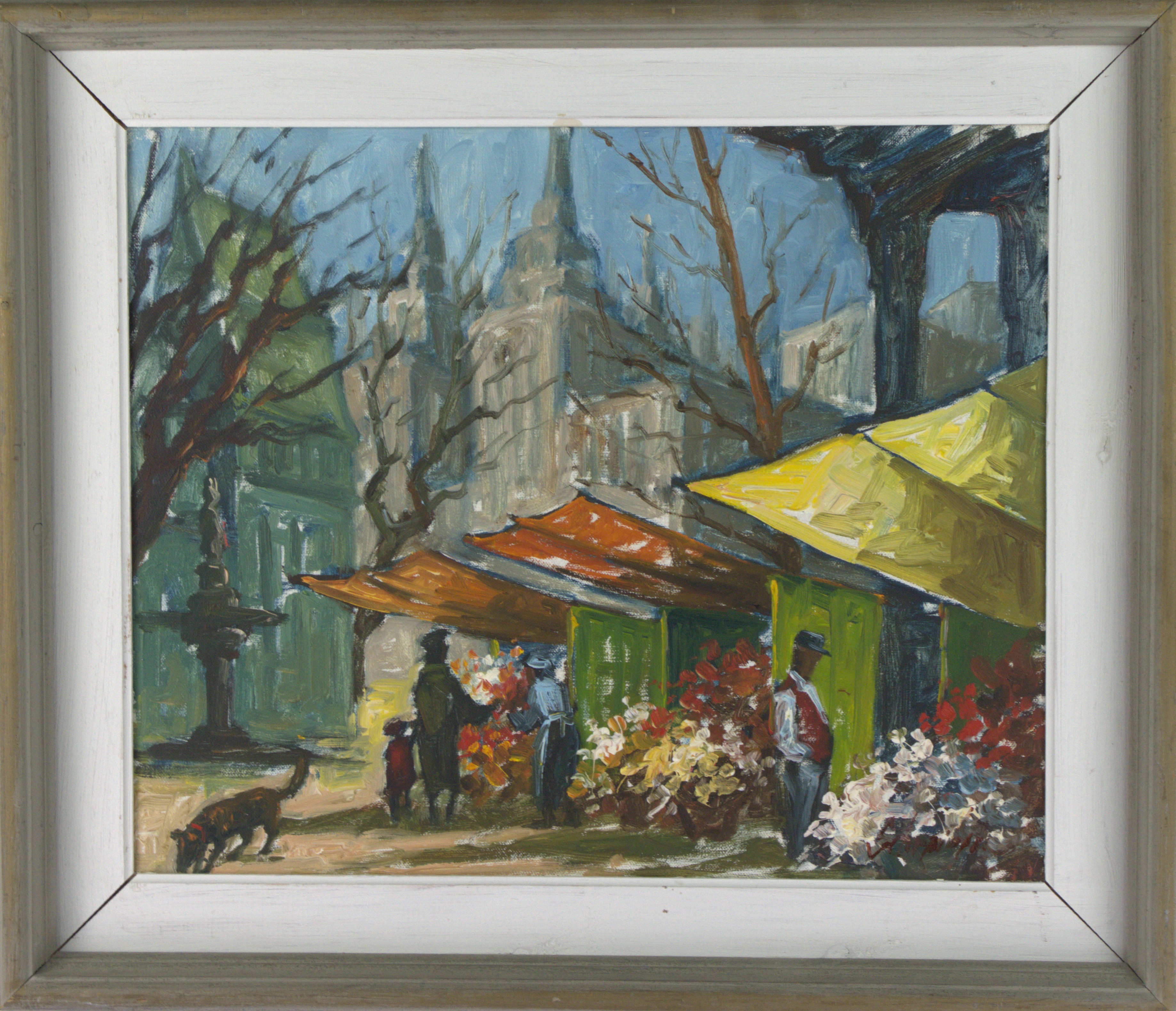 OIDENTIFIERAD KONSTNÄR. Olja på duk, Le marché aux fleurs, Place de la Madeleine, Paris, otydlig signatur.