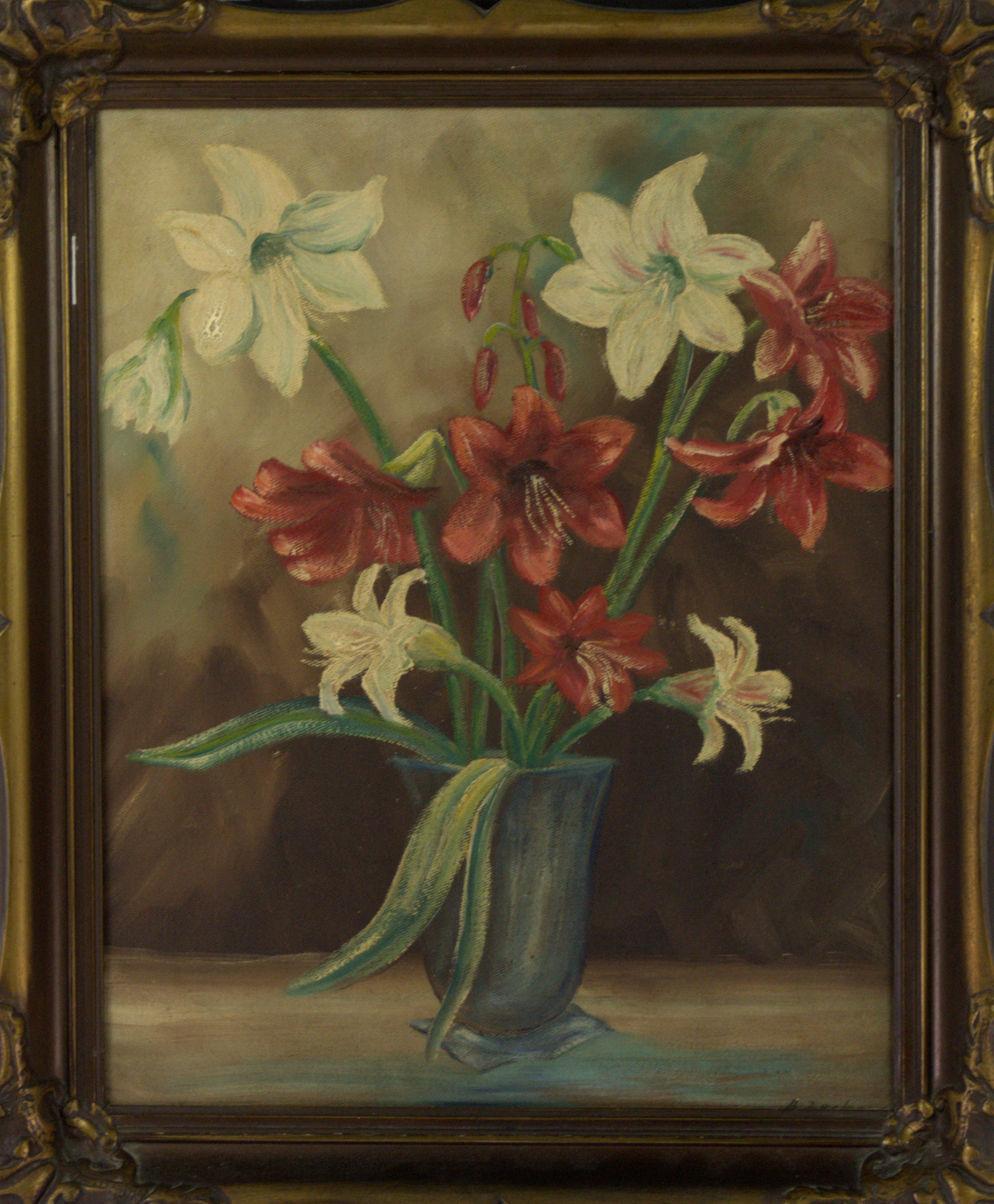 OIDENTIFIERAD KONSTNÄR. Olja på duk, stilleben med liljor, otydlig signatur under ramen.
