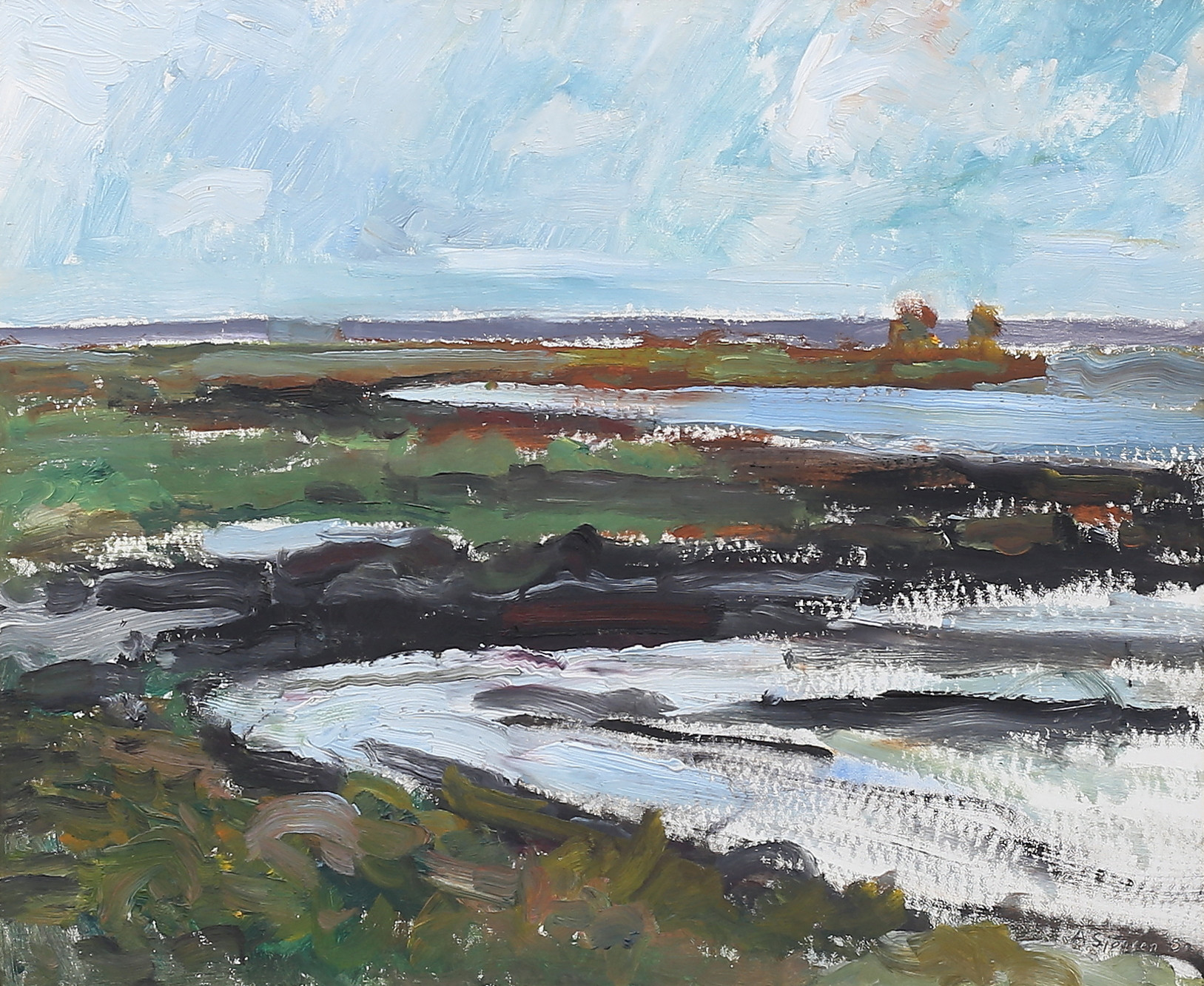 AXEL SJÖGREN. (1899-1981 Kalmar) "Strand vid Ölands Halltorp", olja på pannå, signerad, daterad.