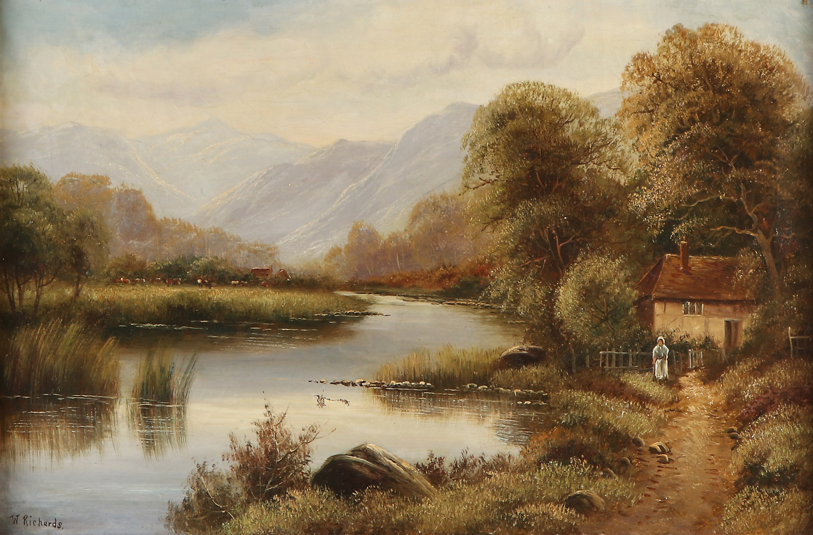 W RICHARDS. Oljemålning på duk. Bergslandskap. 1800-tal. Signerad.