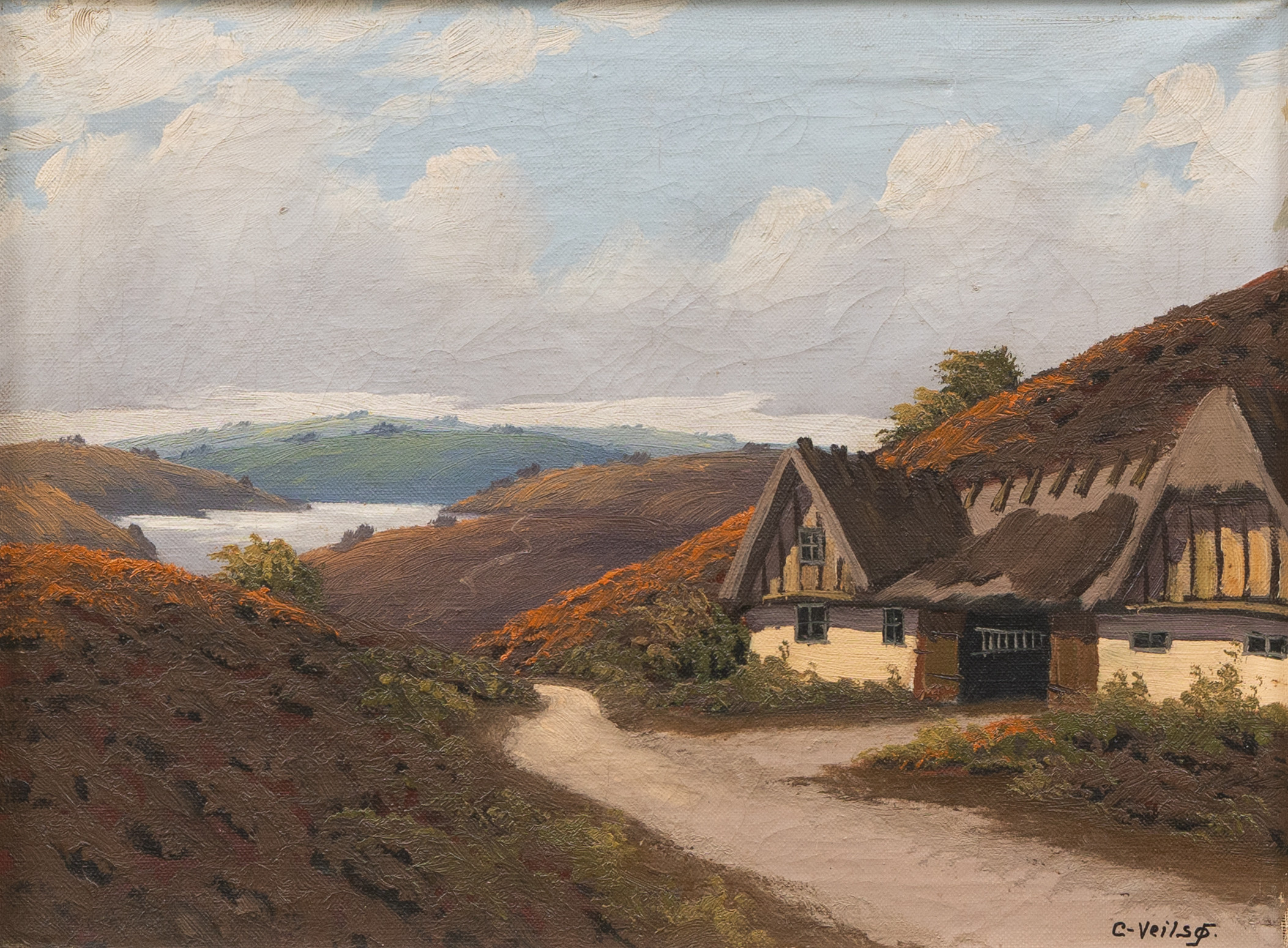 CARL VEILSØ. Gårdsmotiv, olja på duk, signerad.