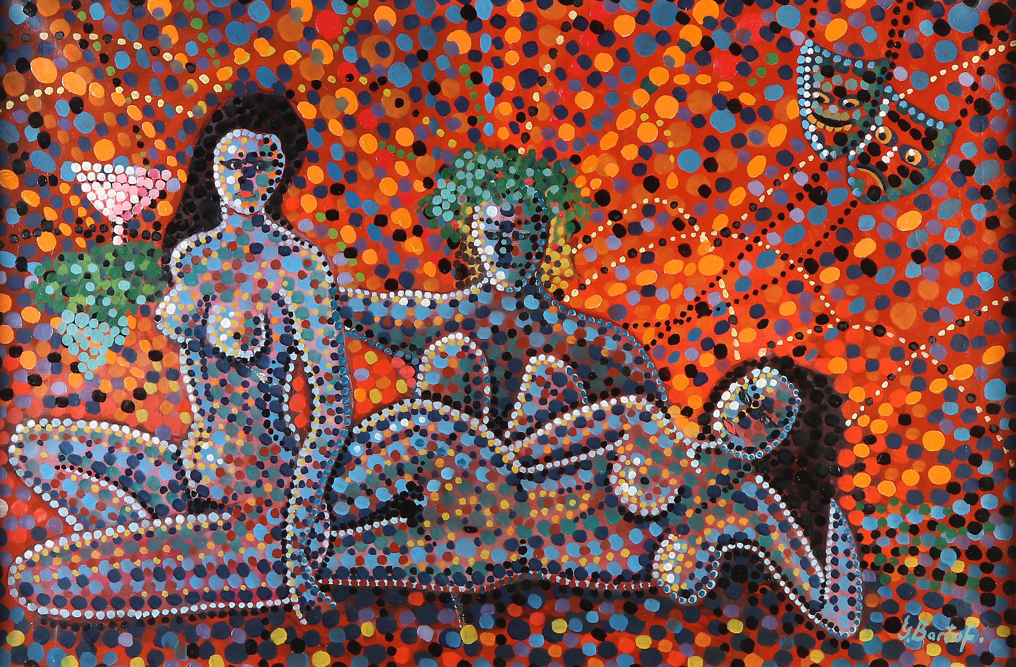 G. BARTOF. Oljemålning på duk. Pointilistiskt kvinnomotiv. Signerad.