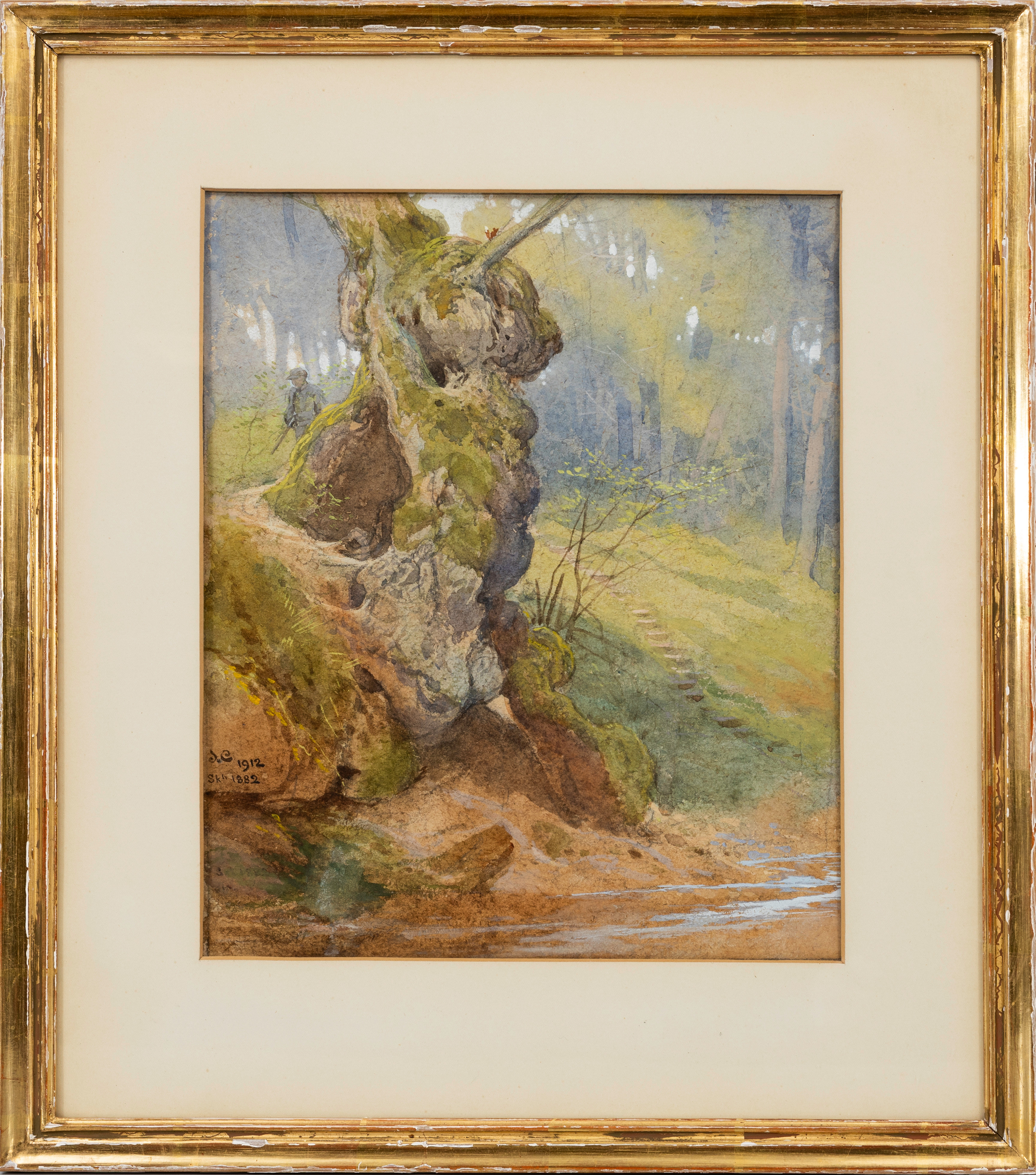 OIDENTIFIERAD KONSTNÄR. Skogsslänt med jägare och ekorre, akvarell, bär monogramsignaturer och dateringar, J.C, 1912 samt Skh, 1882.