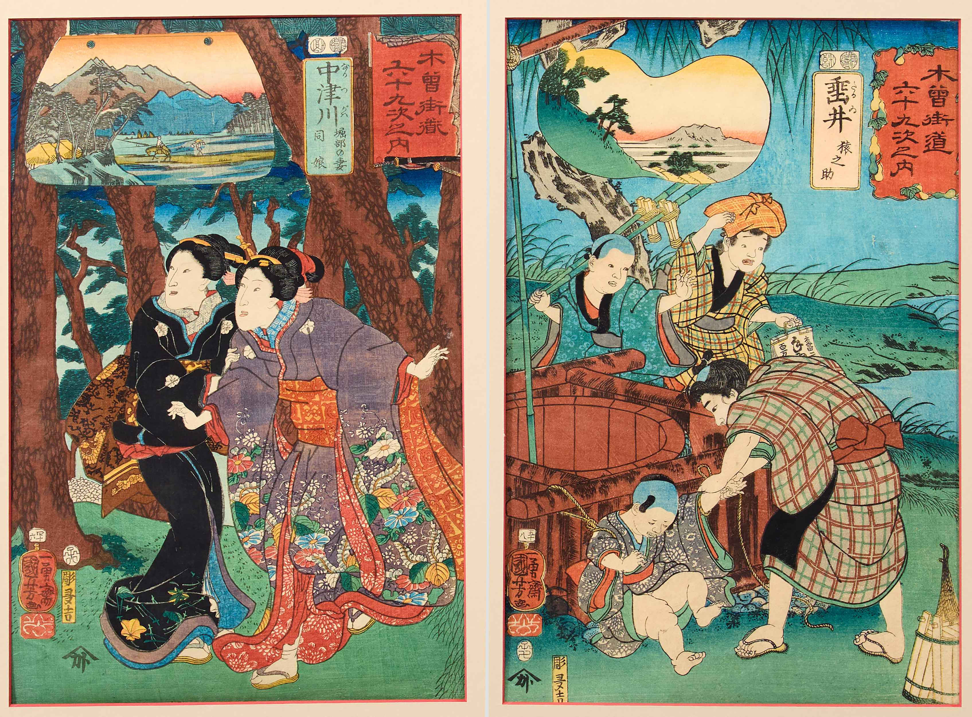 UTAGAWA KUNIYOSHI (1797-1861). Efter. Träsnitt, 2 stycken, "69 stations on the Kisokaido".