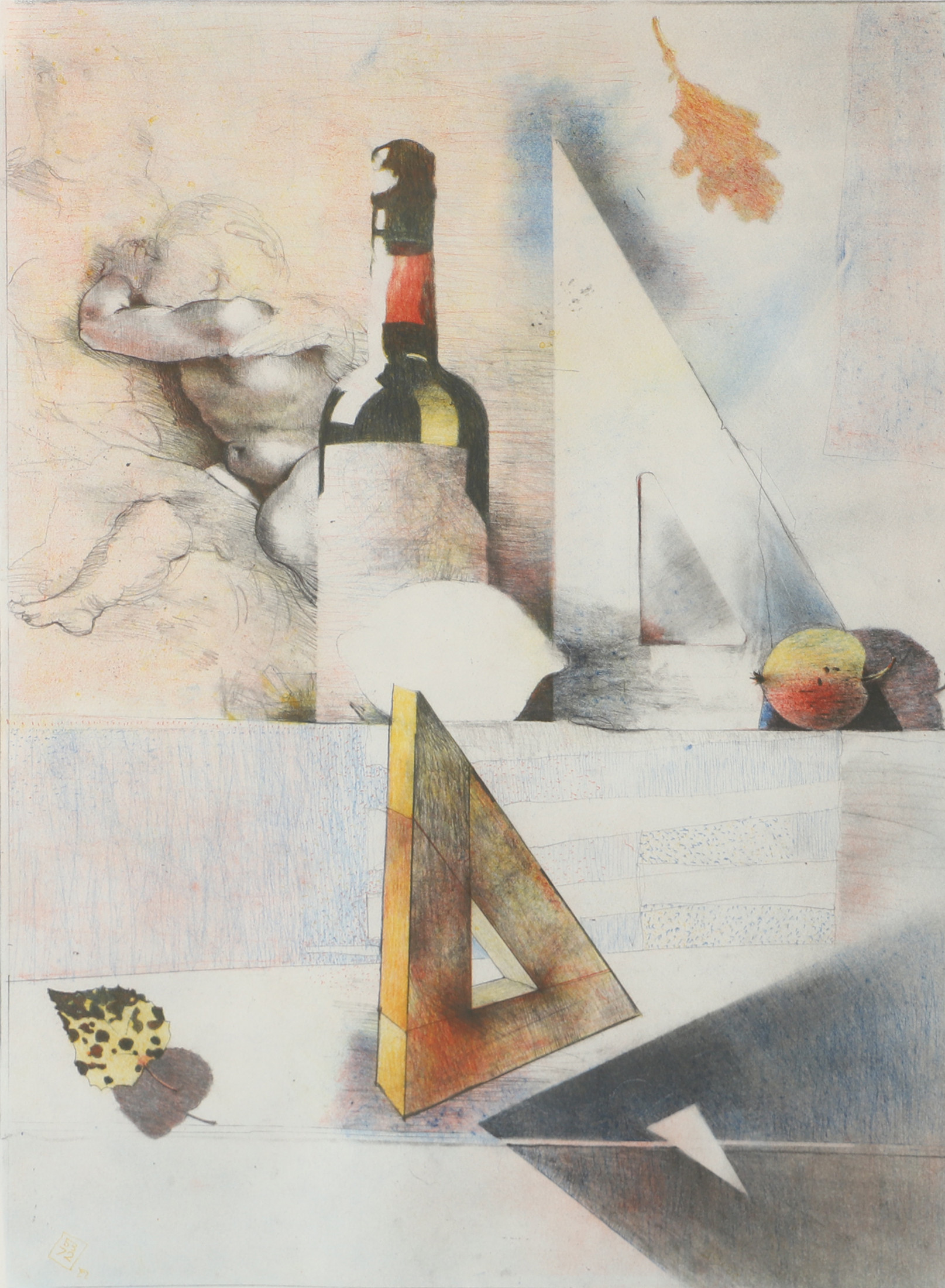 BENGT LANDIN. Stilleben med vinflaska, färglitografi, signerad.