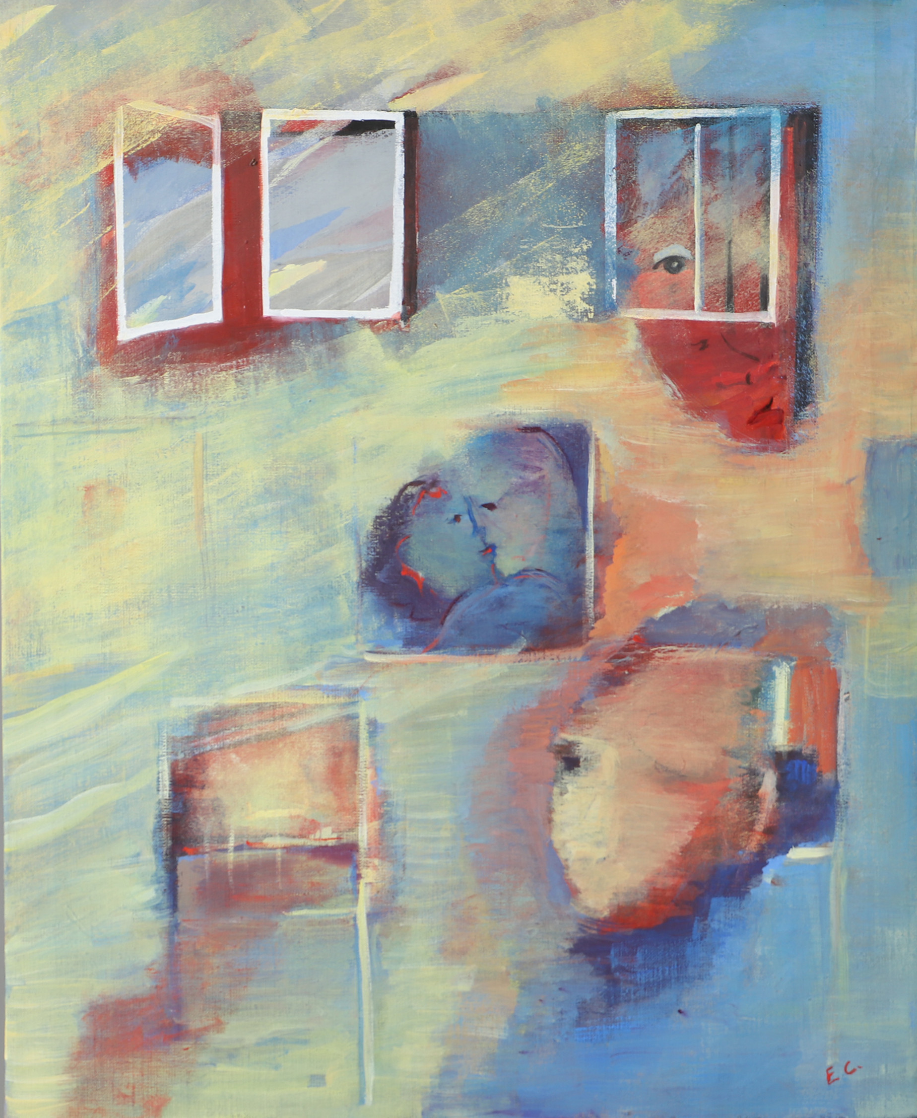 EVA CARLSTEIN. Komposition med ansikten, olja på duk, signerad E.C.