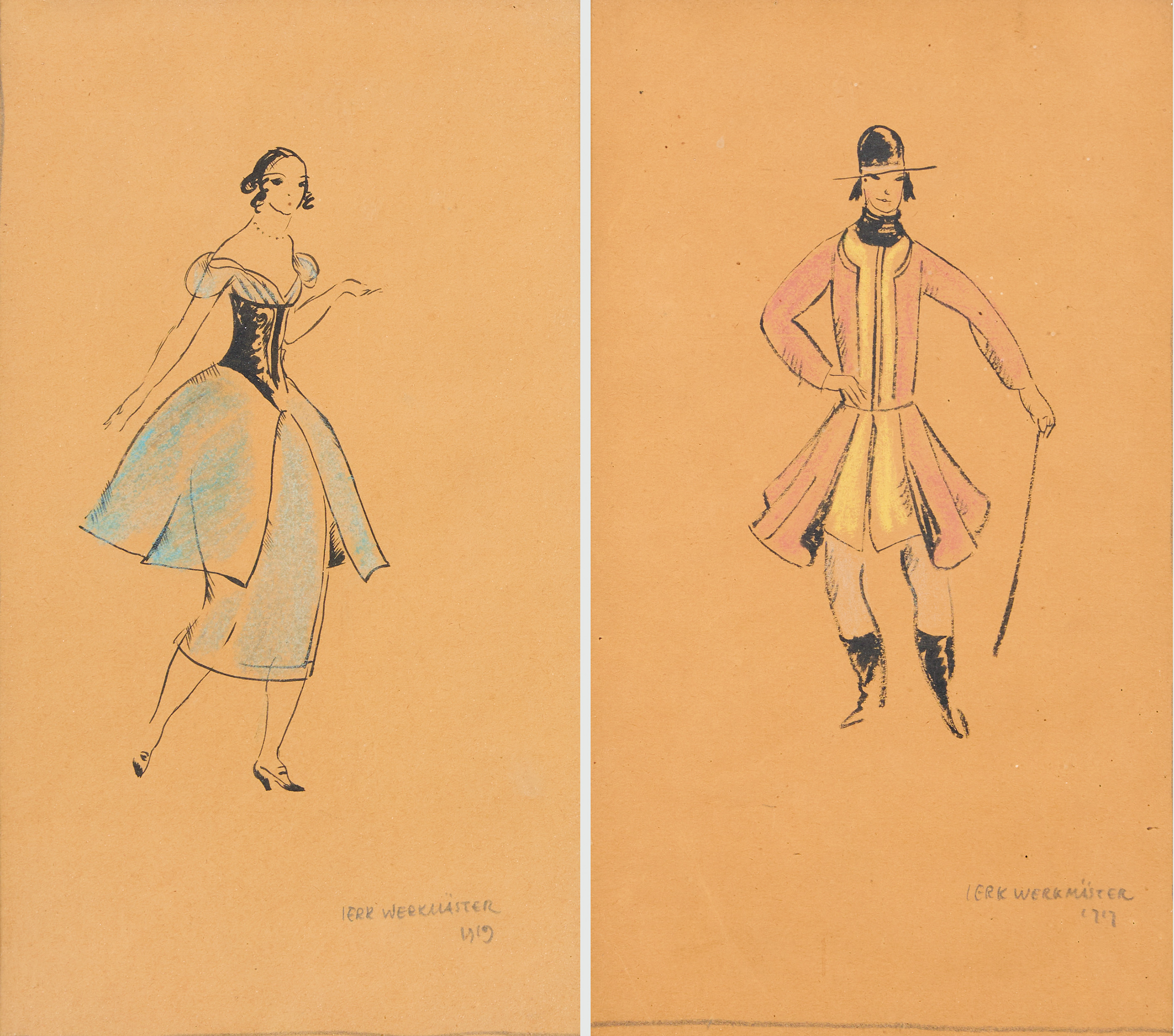 JERK WERKMÄSTER. Dräktstudier, 2 st.