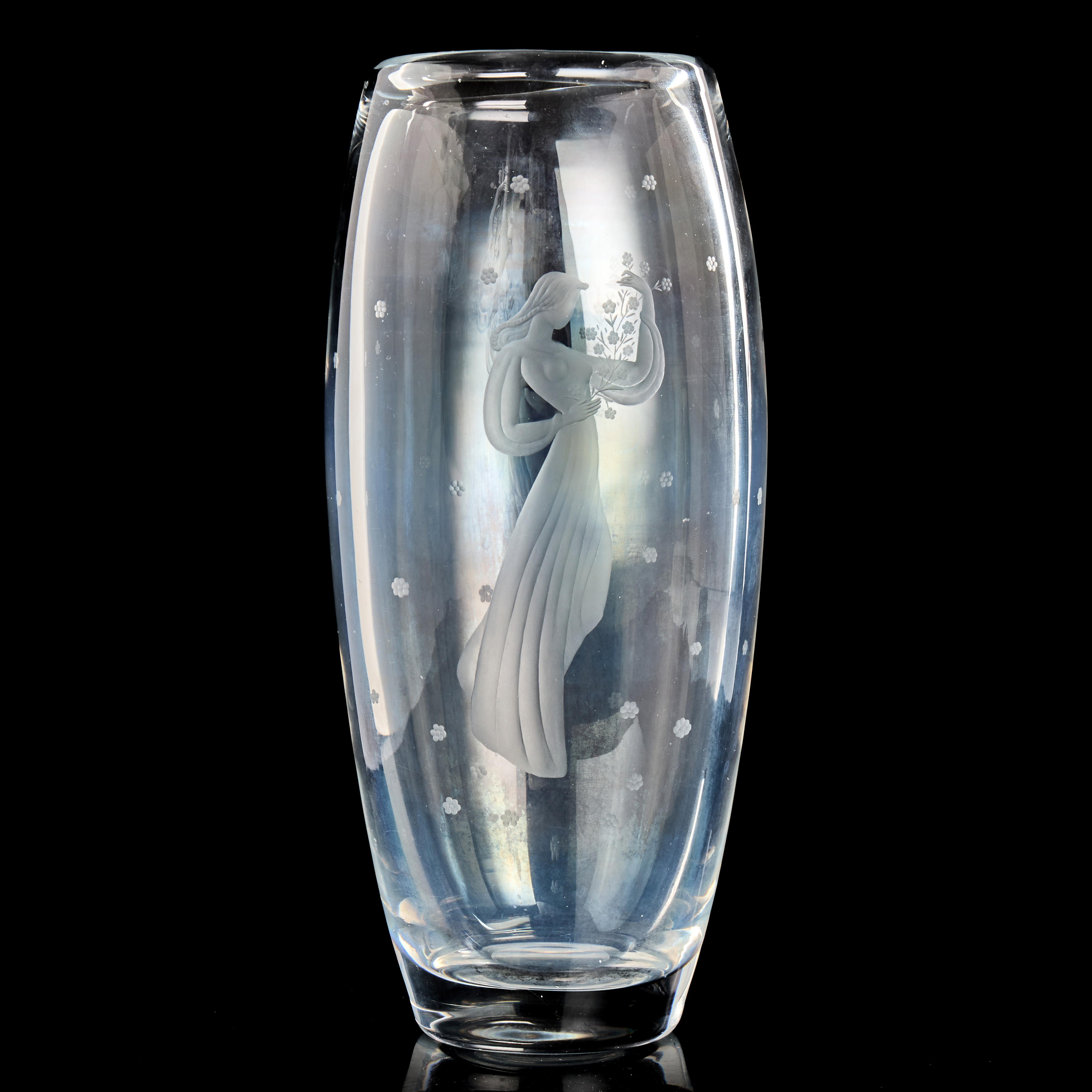 SVEN PALMQVIST, vas, Orrefors, graverad dekor av kvinna med blommor.