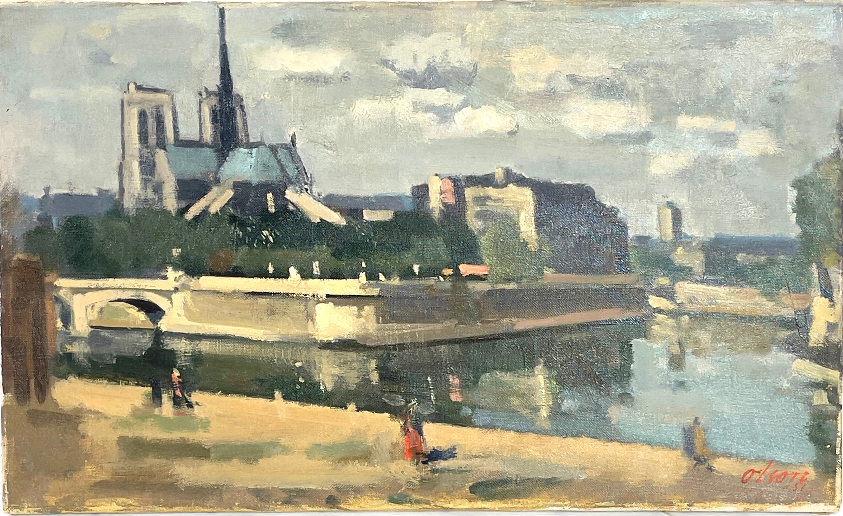 OVE OLSON. Olja på duk, katedralen Notre Dame vid Seine, Paris, signerad Olson samt daterad -51.