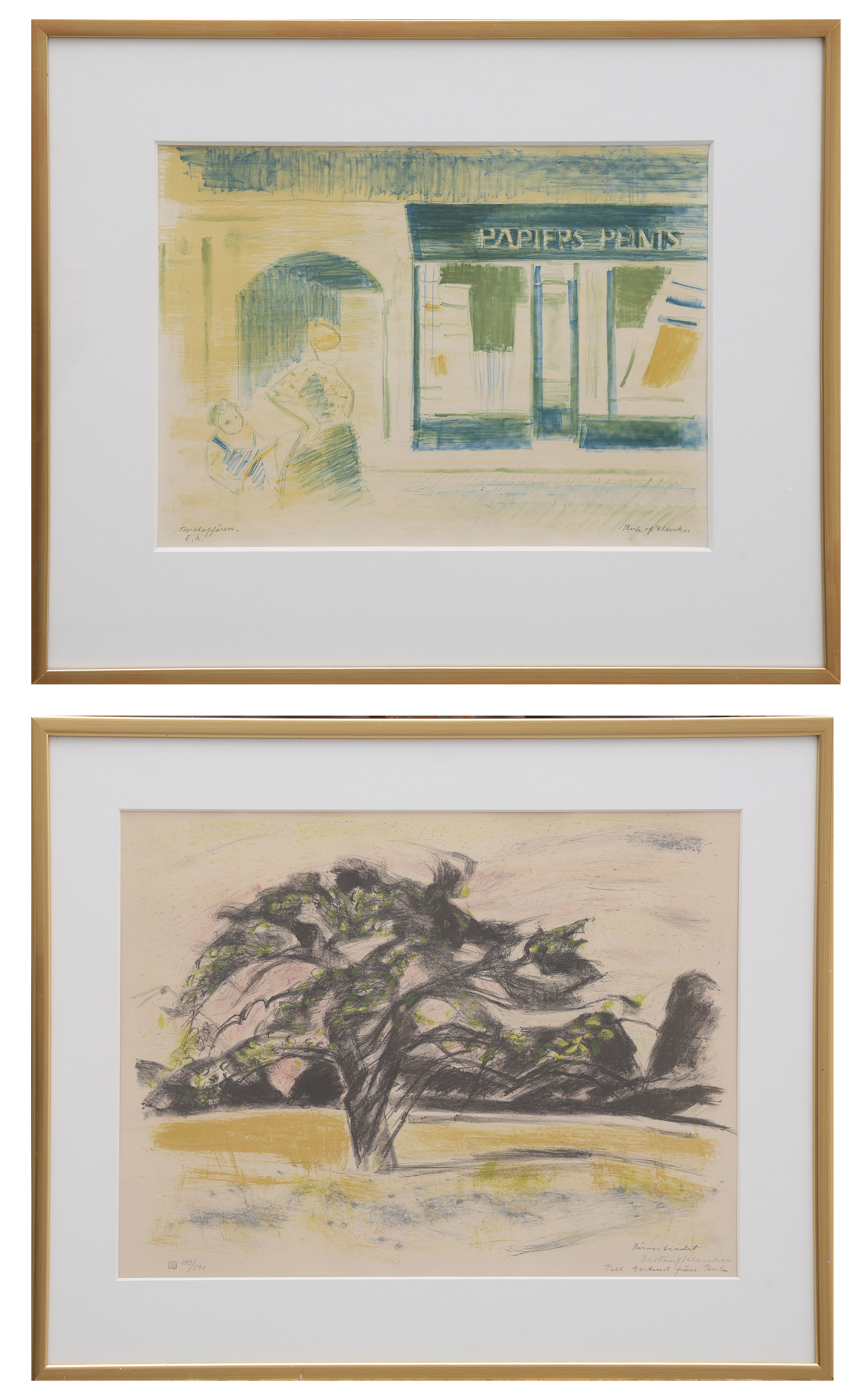 BRITA AF KLERCKER. TVÅ LITOGRAFIER, "TAPETAFFÄREN" SAMT "PÄRONTRÄDET", SIGNERADE, NUMRERADE E.A RESP. 143/190.