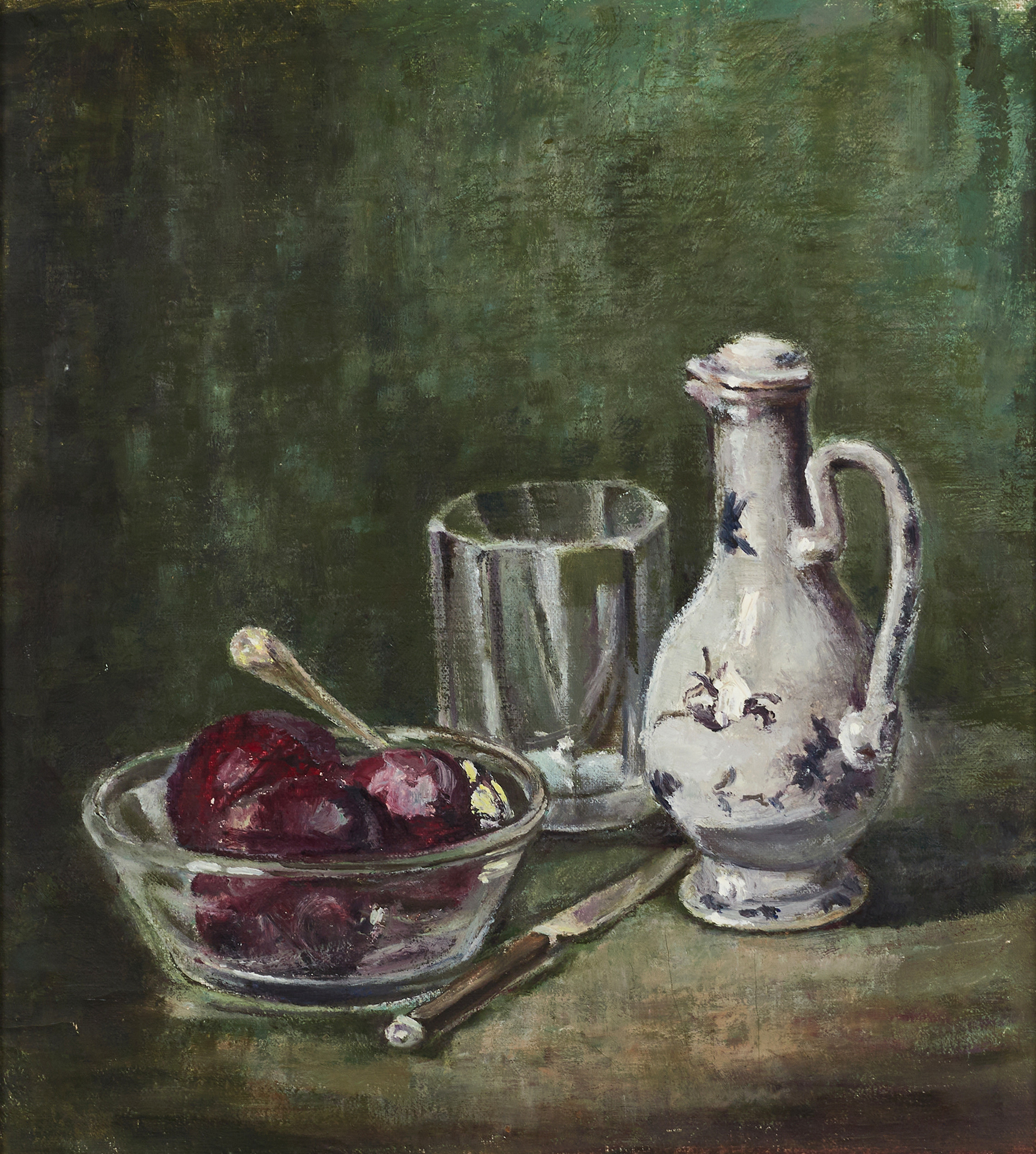 SIGRID BENSOW, född Nauclér (1882 Rogsta, Gävleborgs län- 1954 Norrköping), "Glasskål med frukt, glas, hvit kanna", nr 384, olja på duk.