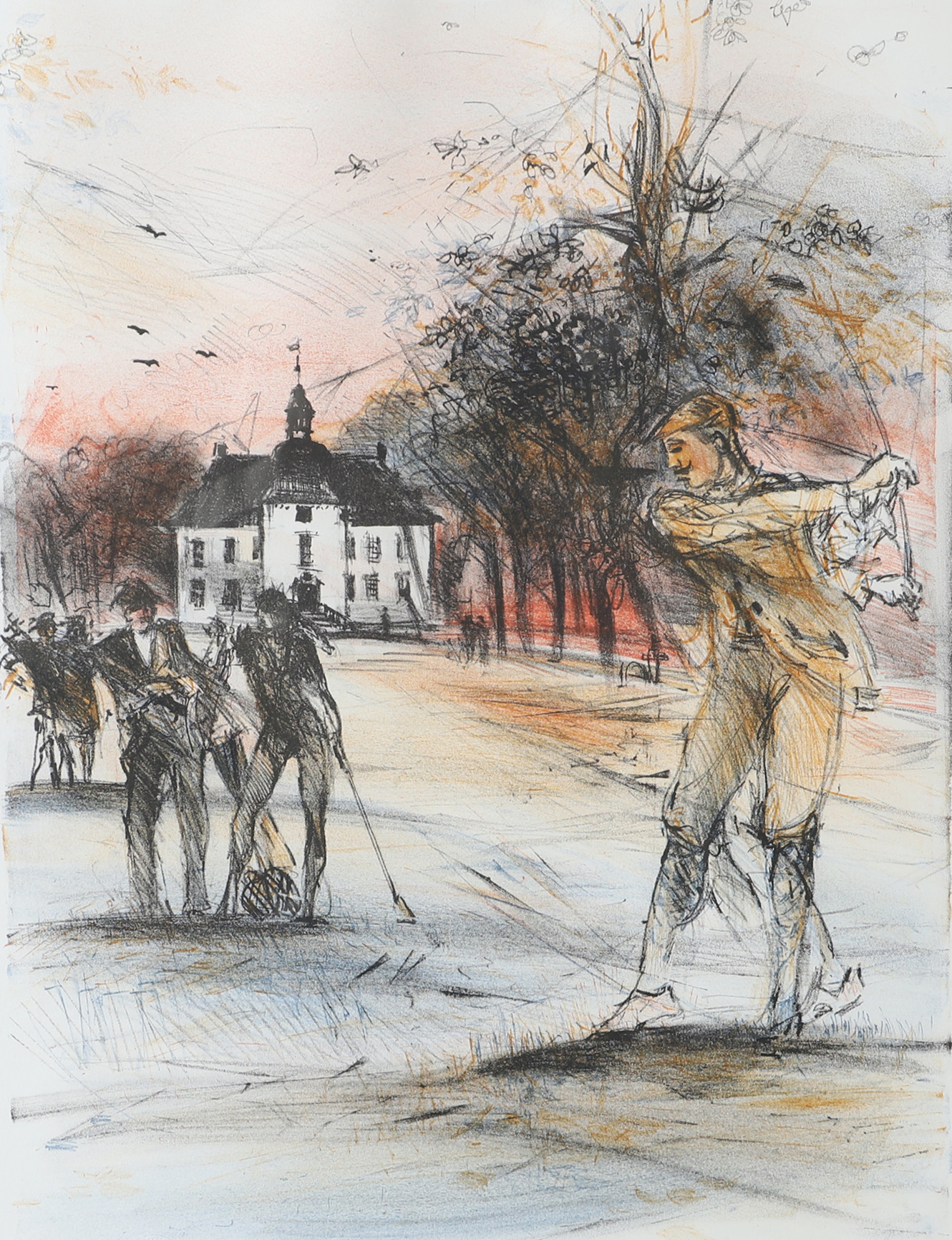 BÅ ÅKE ADAMSSON. Golf i slottsparken, färglitografi, signerad.