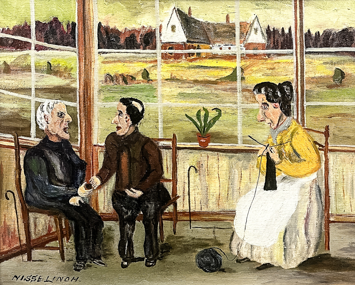 NISSE LINDH. OLJA PÅ DUK, "Siesta på glasverandan", signerad.