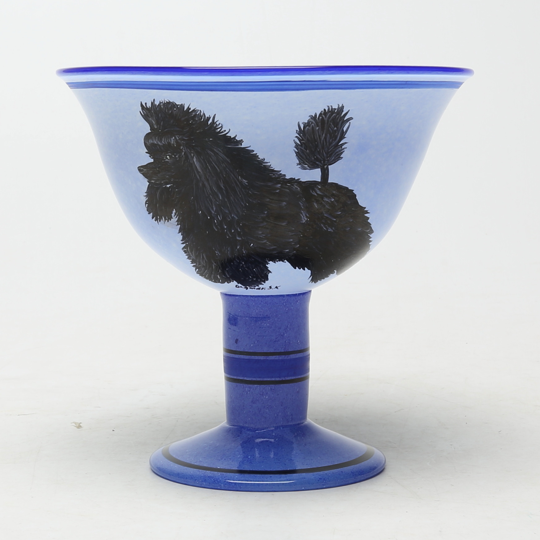 SKÅL, på fot glas, Hyttarbete och målning Åfors Glasbruk, osignerad, Målad pudel signerad Dagmar.