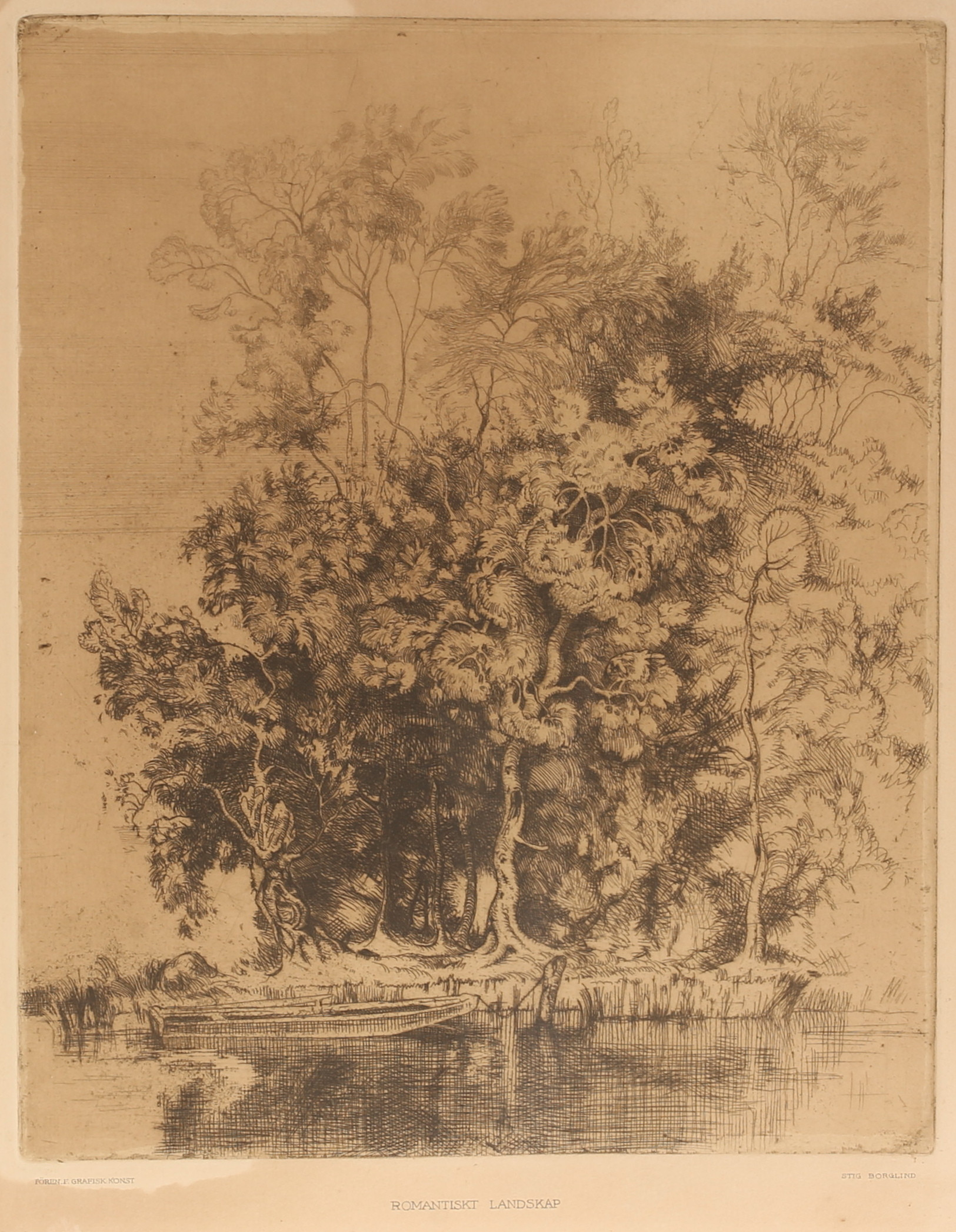 STIG BORGLIND. Etsning, "Romantiskt landskap", Föreningen för grafisk konst.