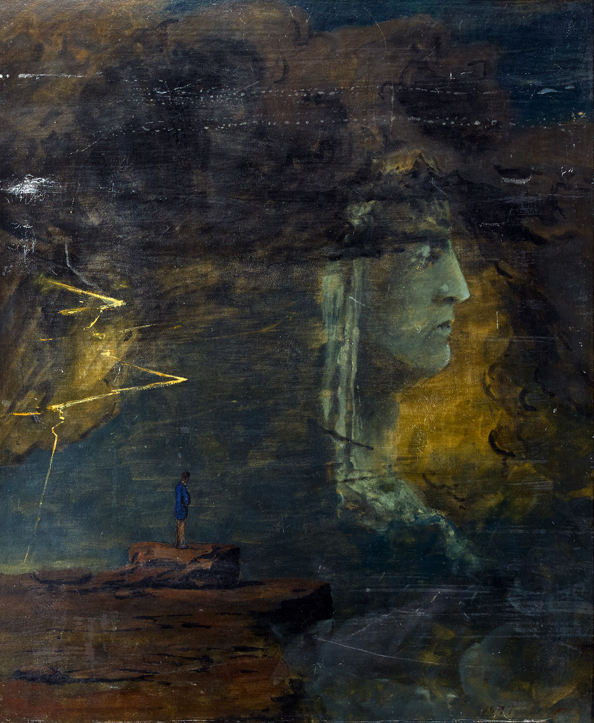 OIDENTIFIERAD KONSTNÄR. Bergslandskap med figur och ansikte.