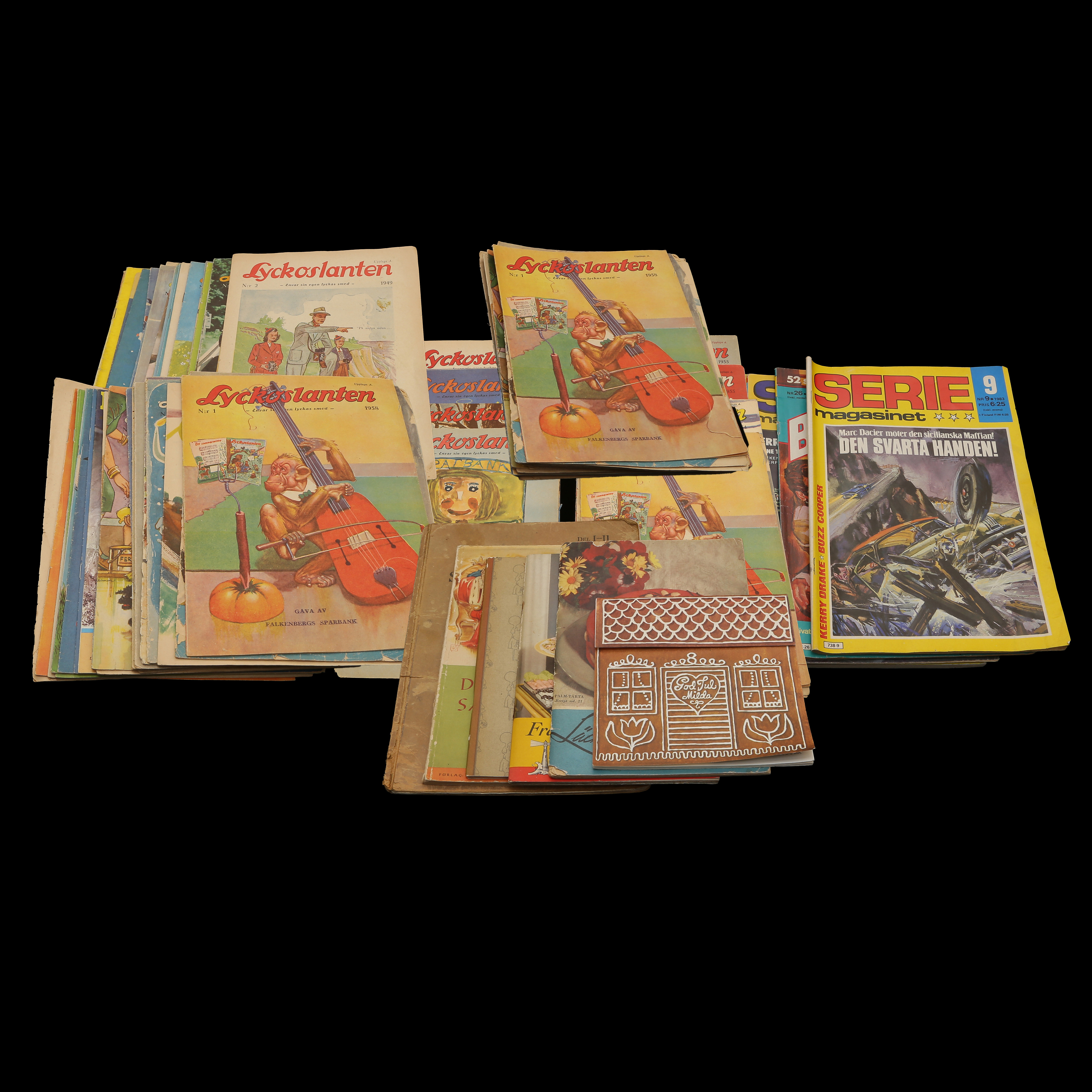 DIVERSE SERIETIDNINGAR/BÖCKER, LYCKOSLANTEN, DRUTTEN OCH JENA, KALLE ANKA, SERIEMAGASINET M.M.