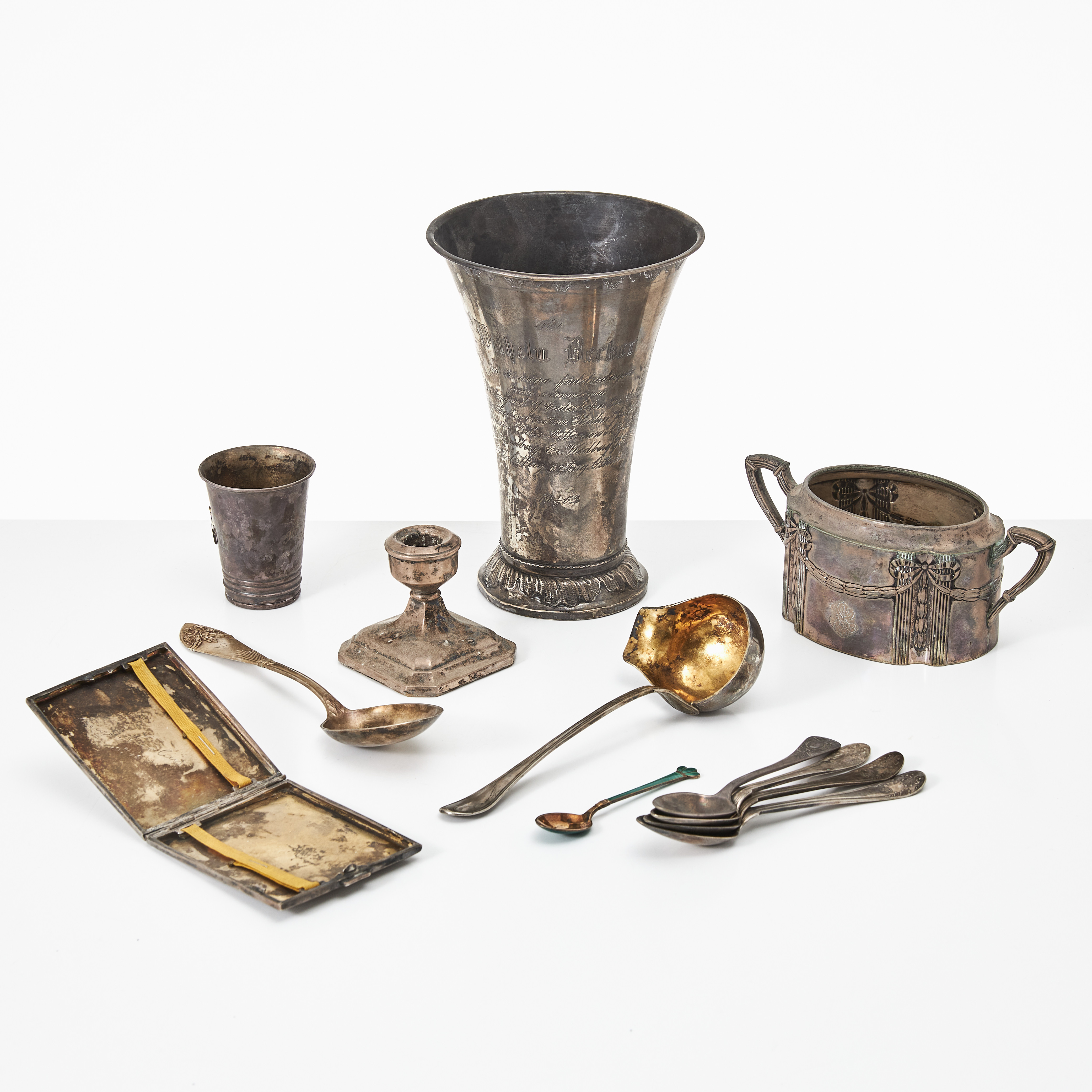 POKAL, SOCKERSKÅL, SKEDAR, LJUSSTAKE, CIGARETUI, silver, 1900-tal.