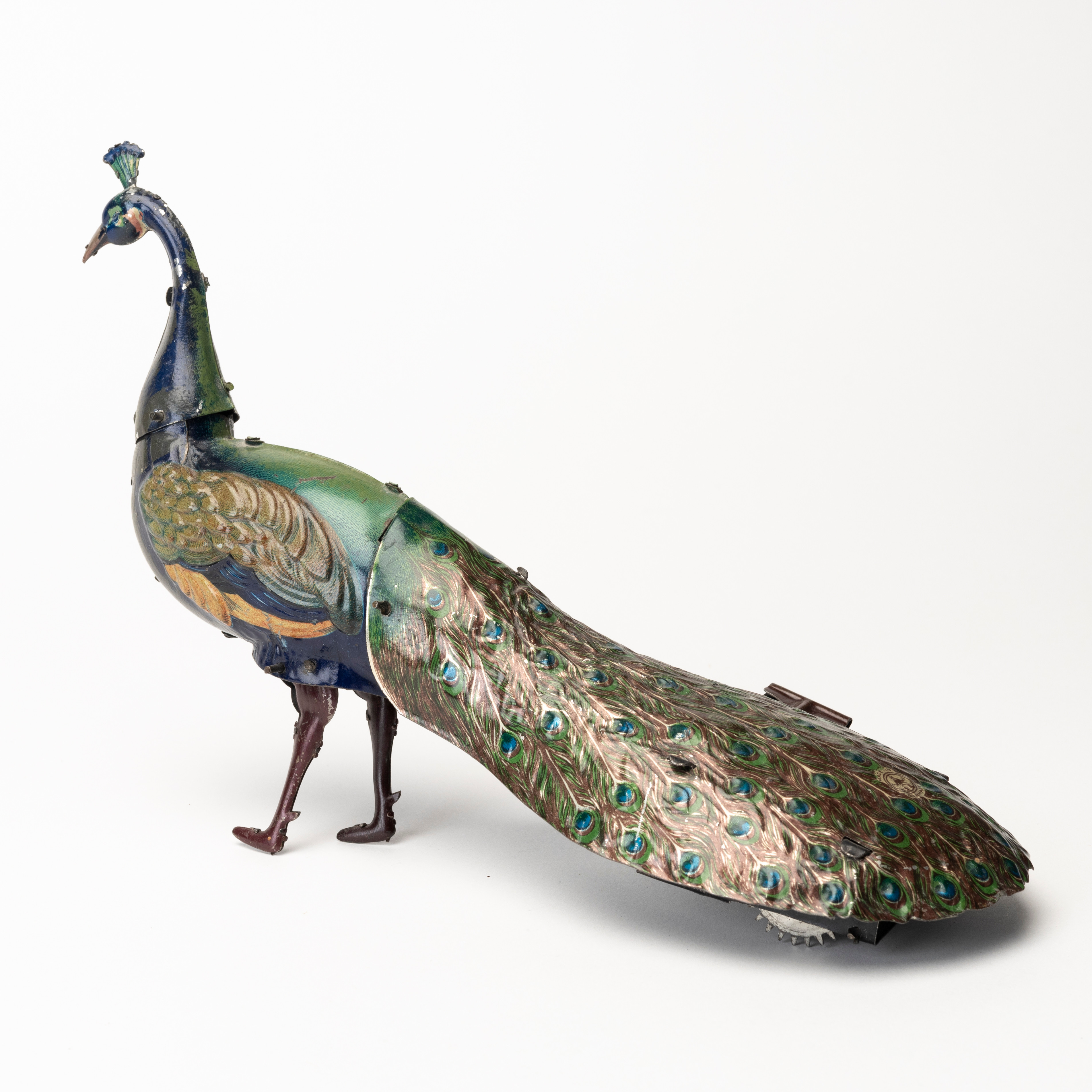 HANS ERBEL Pao-Pao , påfågel, plåt, grön brun blå röd, urverk, Germany.