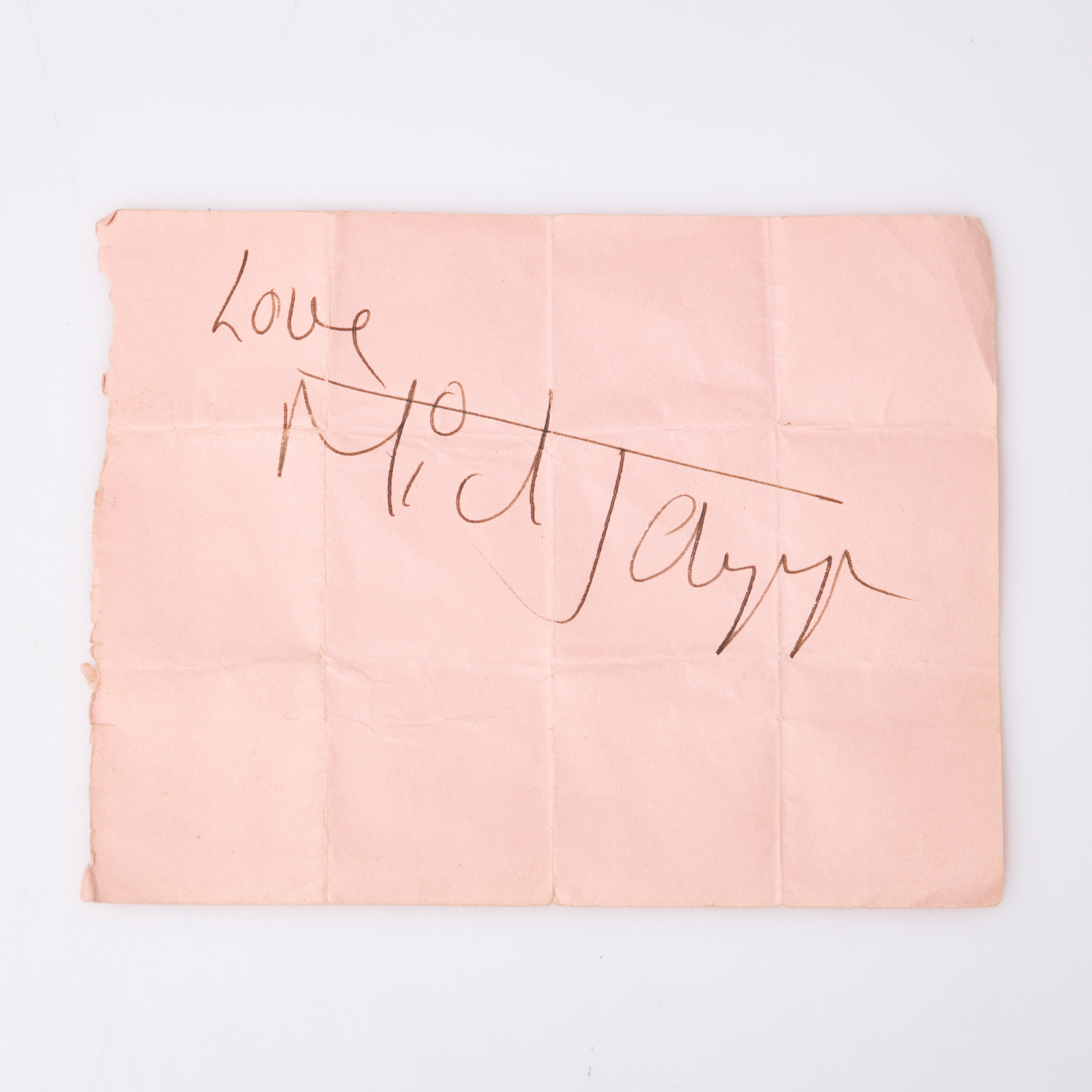 MICK JAGGER, signerat rosa papper, London 1973.