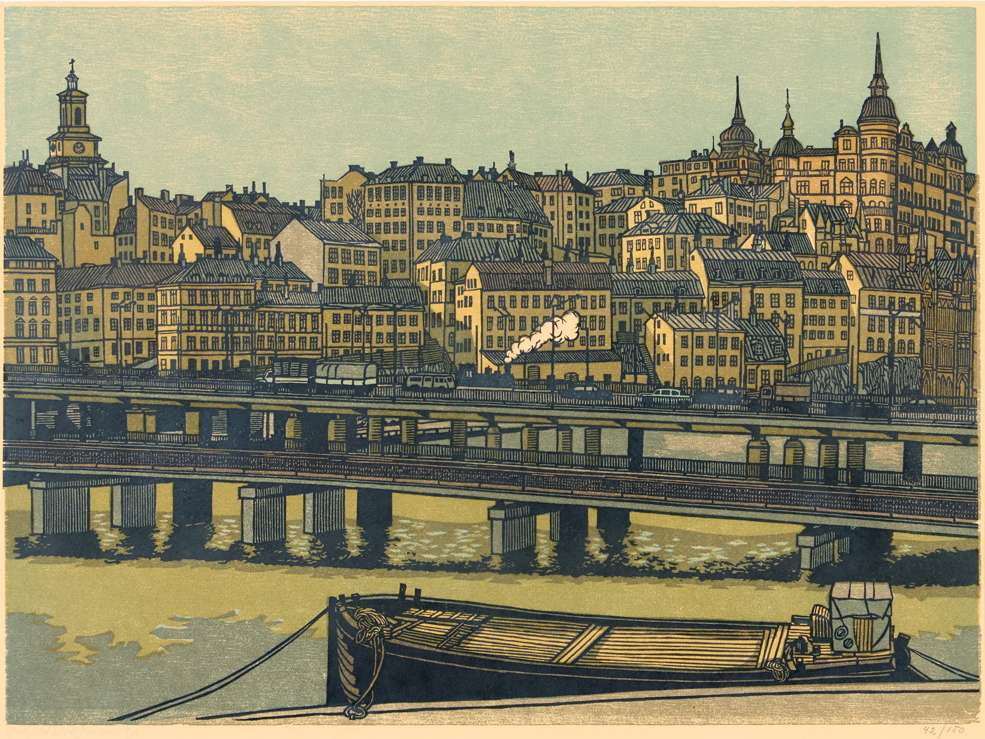 SVENOLOV EHRÉN. Färglitografi, vy mot Södermalm, signerad och numrerad 42/150.