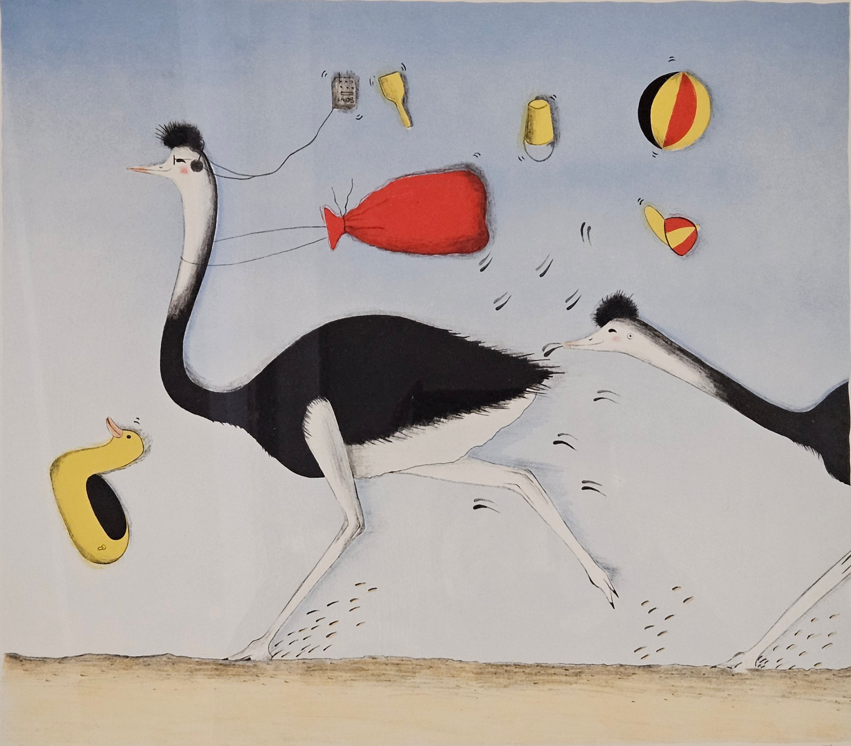 EVA BOSTRÖM. Strutsar. Färglitografi, HC, signerad Eva Boström och numrerad -88.