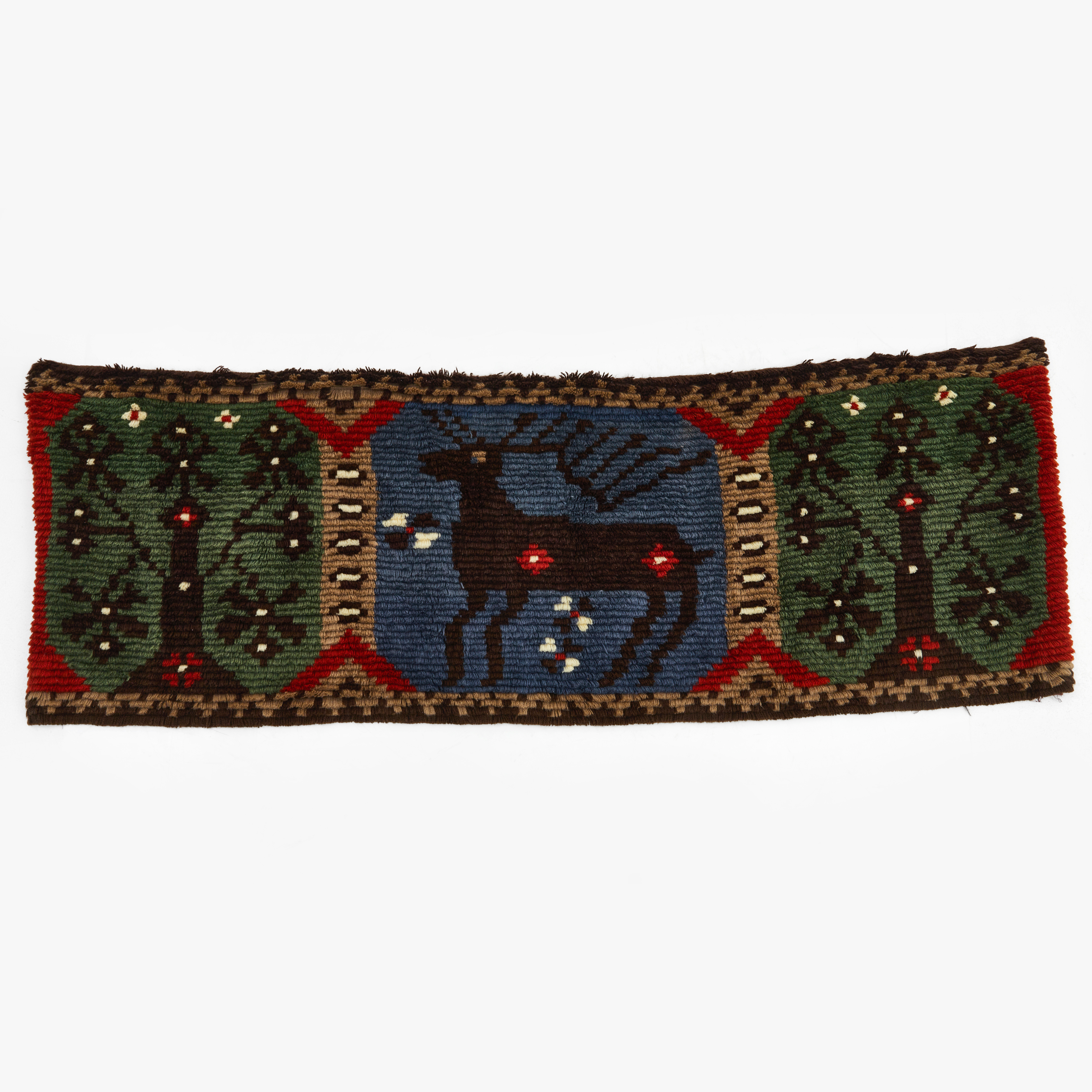 BONAD, stiliserad dekor av hjort samt träd, rya, möjligen Finland, sannolikt 1900-talets första hälft.