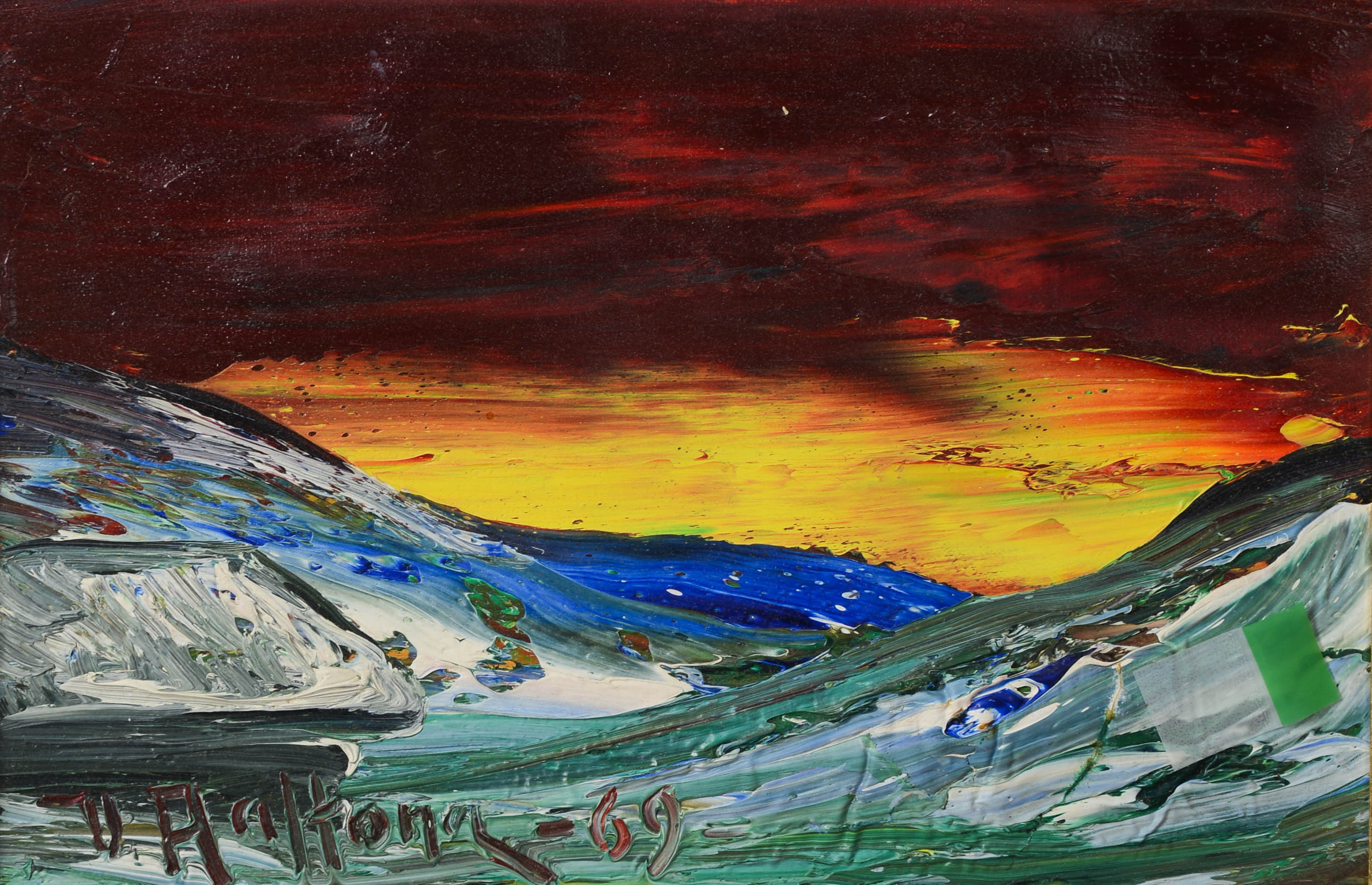 VEIKKO AALTONA. Solnedgång över fjälllandskap, olja på duk.