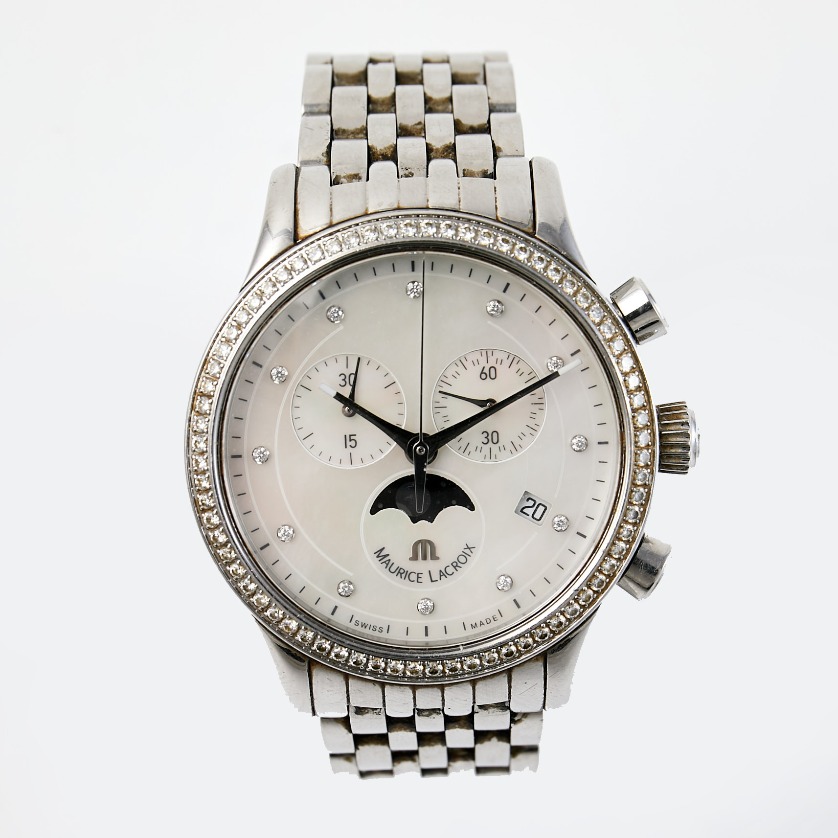 MAURICE LACOROIX, kronograf, boett stål med diamanter, månfas, ca 38 mm, ca 2010-2020-tal.