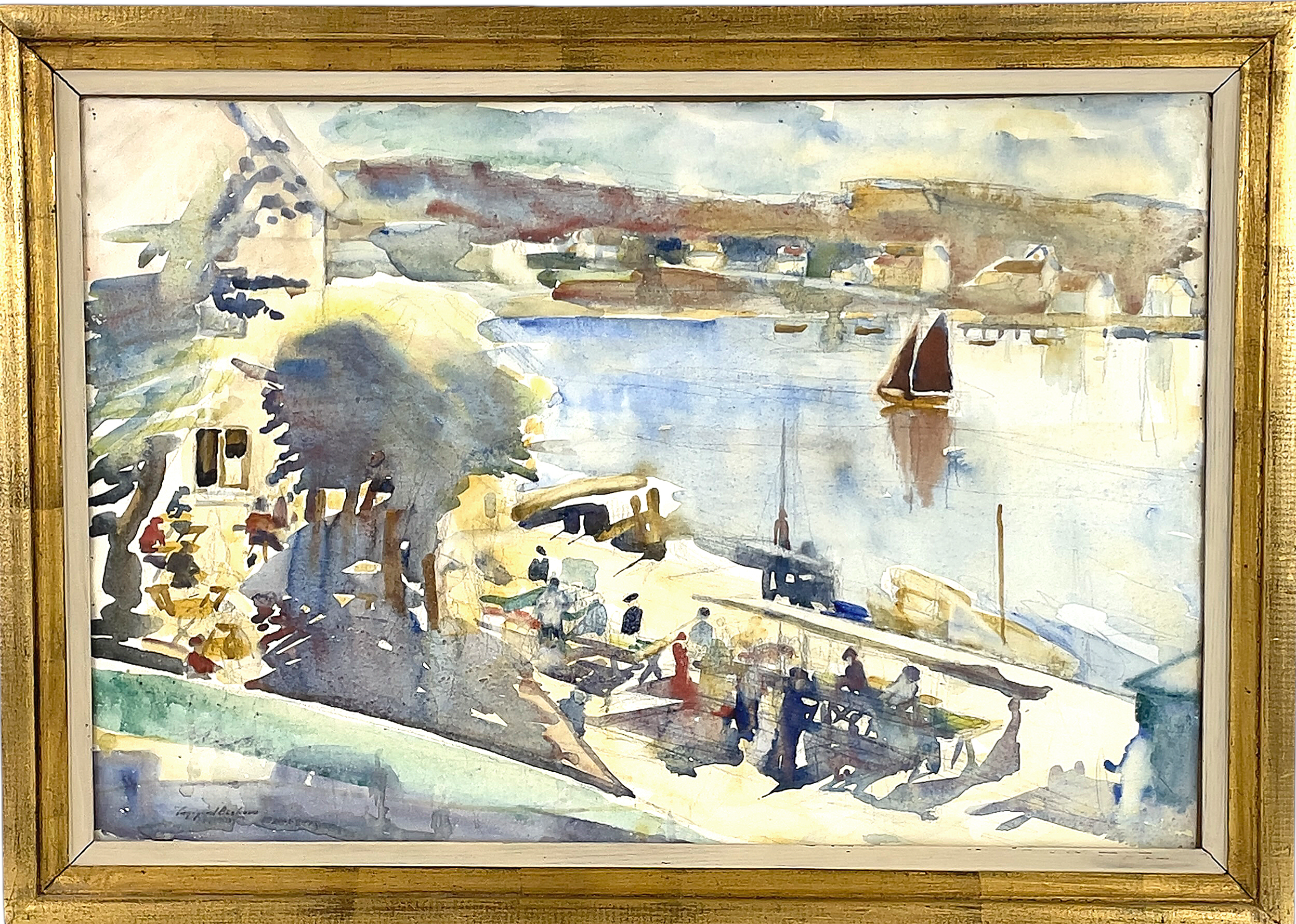 INGEGERD BESKOW. Akvarell, välbesökt vik, signerad.