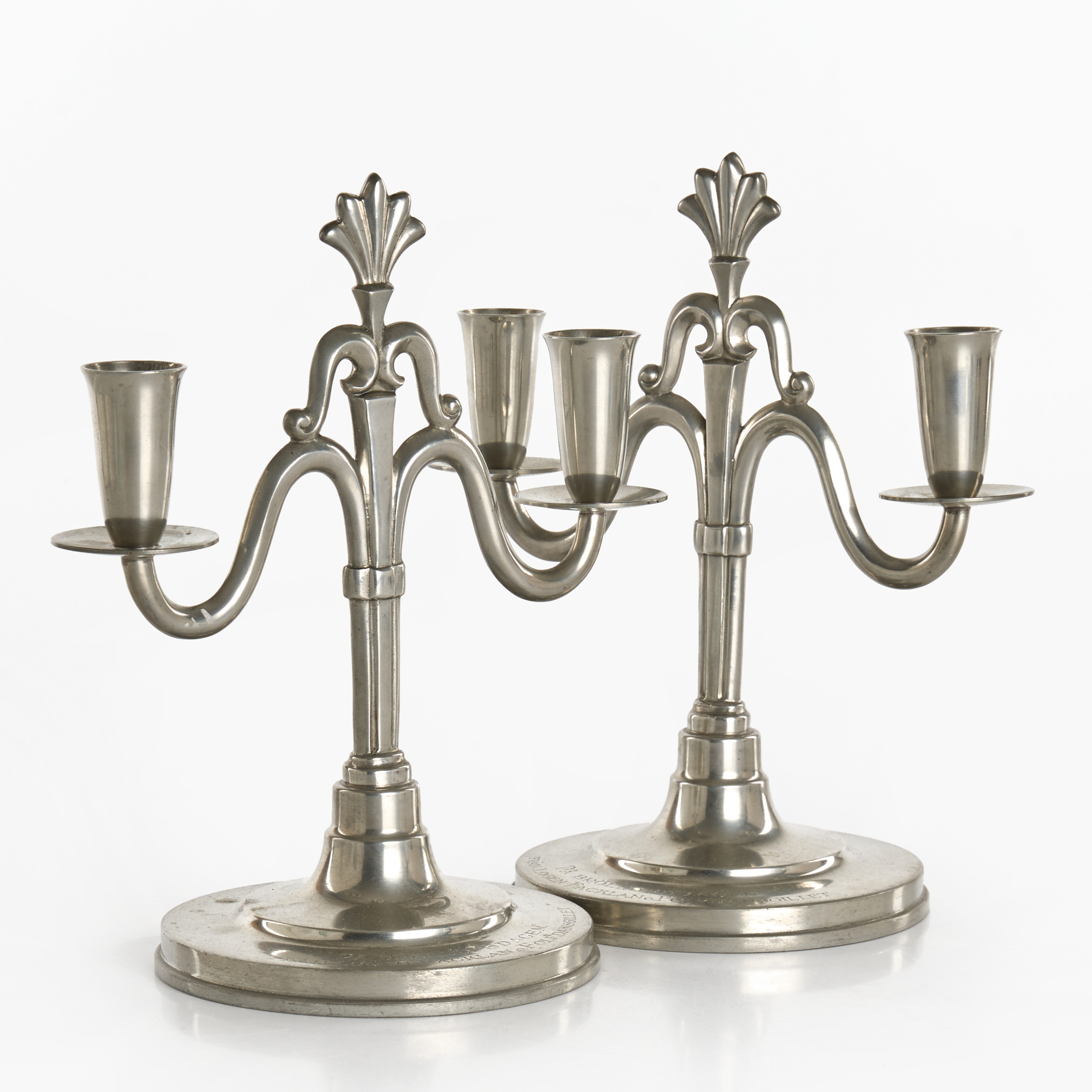 C.G. HALLBERG. Ljusstakar, ett par, tenn, för två ljus vardera, Stockholm, 1931. Swedish Grace.