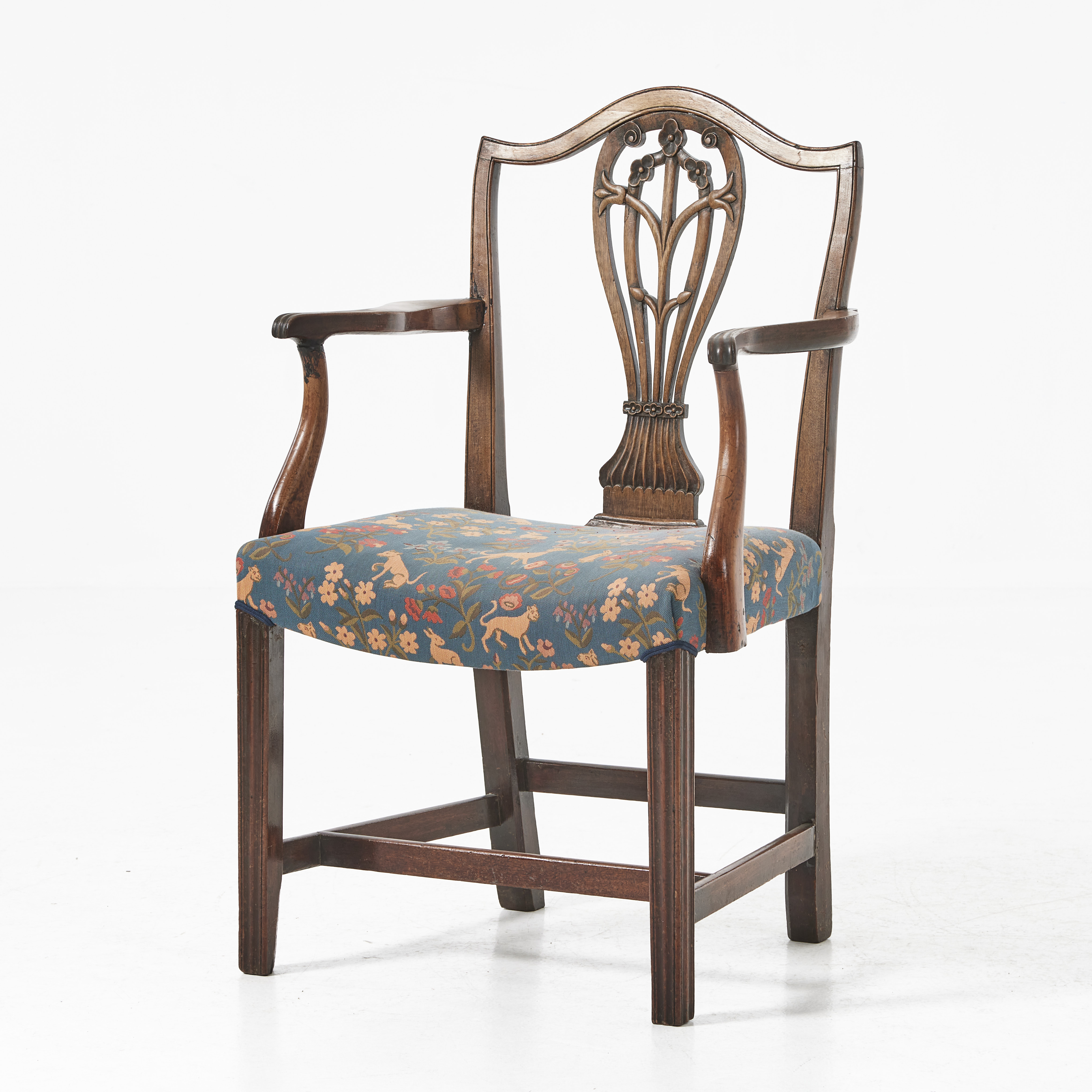 KARMSTOL, 1800-tal, England, mahogny, genombruten rygg, stoppad sitts.