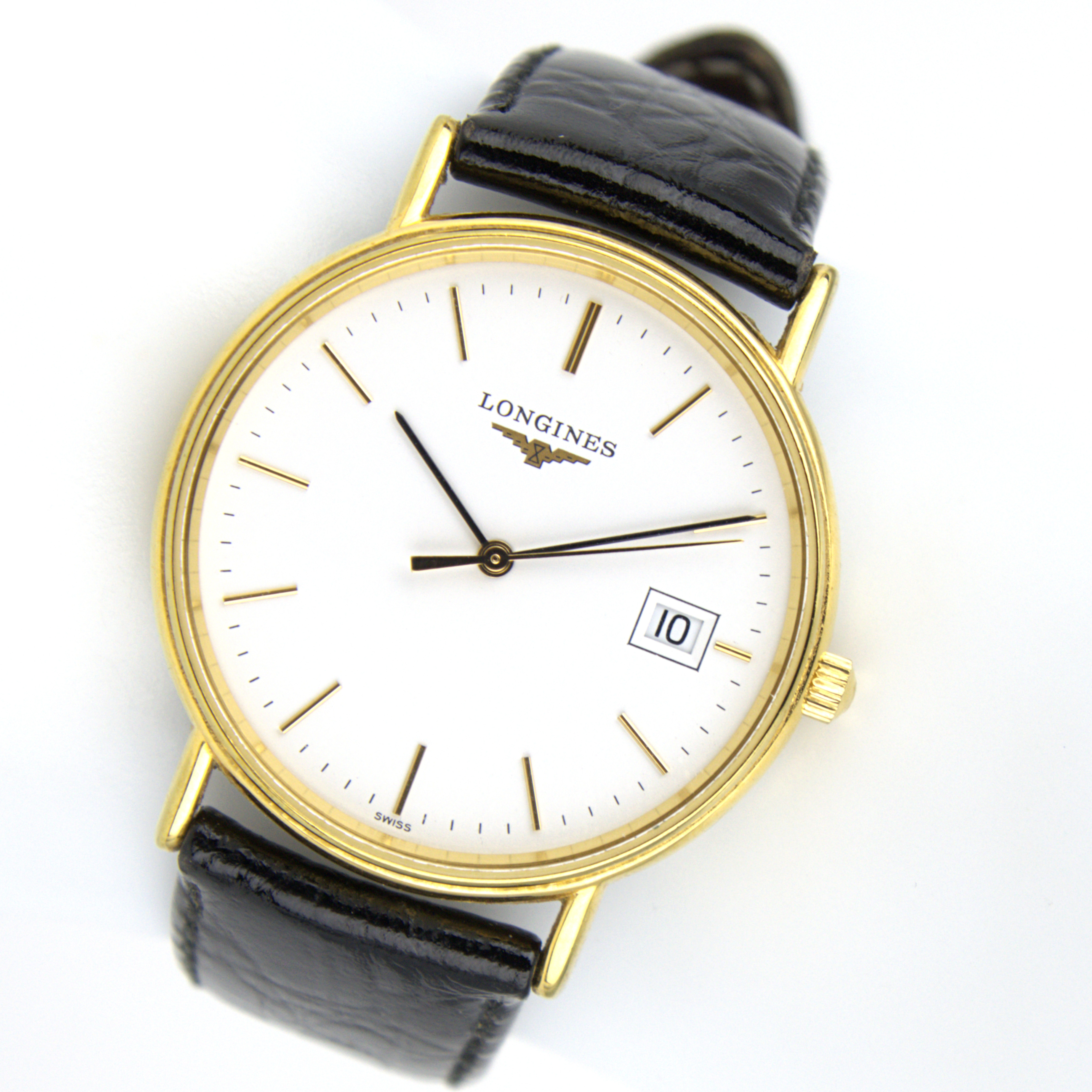 LONGINES. Armbandsur, herr, stål med guldfärgad PVD-beläggning, streckindex, datumvisning, quartz, safirglas, 1990-talet till början av 2000-talet.