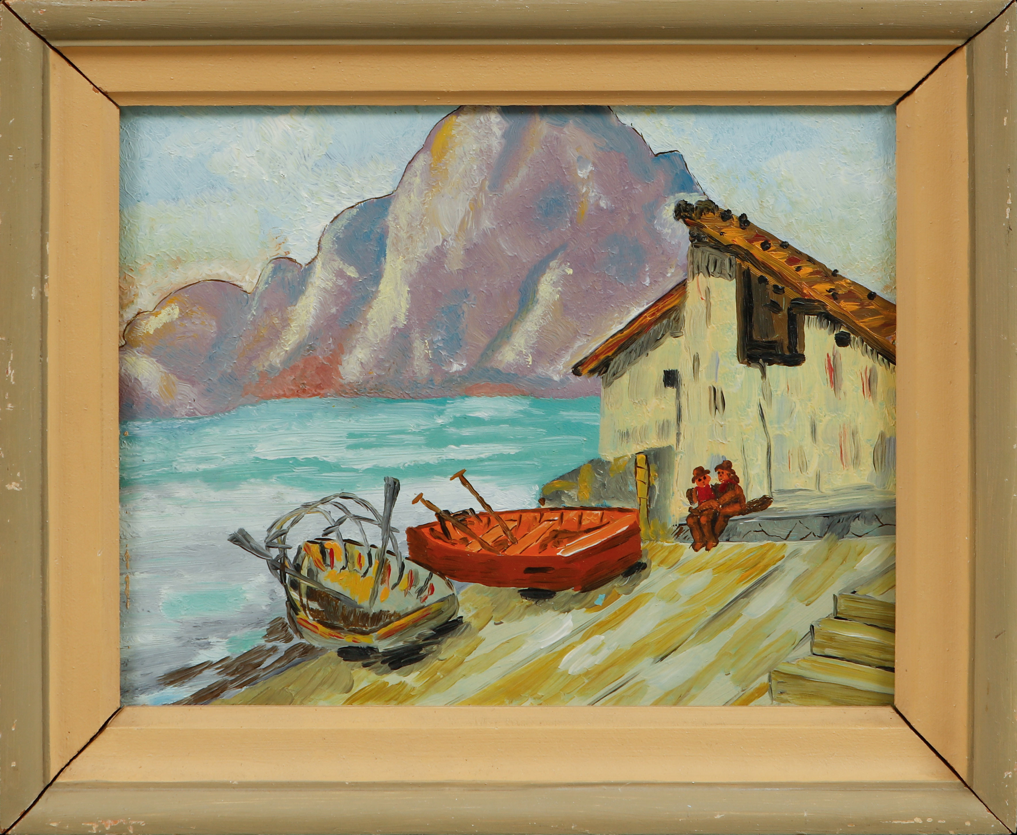 OKÄND KONSTNÄR. Båtar vid strand, olja på pannå.