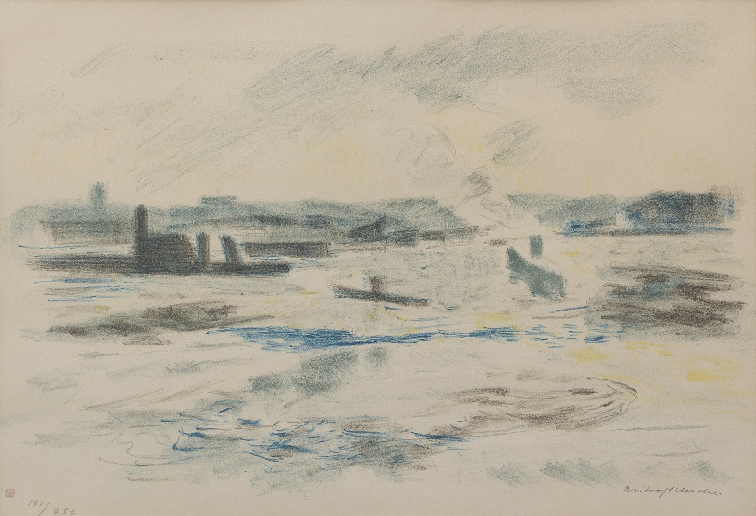 BRITA AF KLERCKER. Strandmotiv, färglitografi, nrr 141/750, signerad.