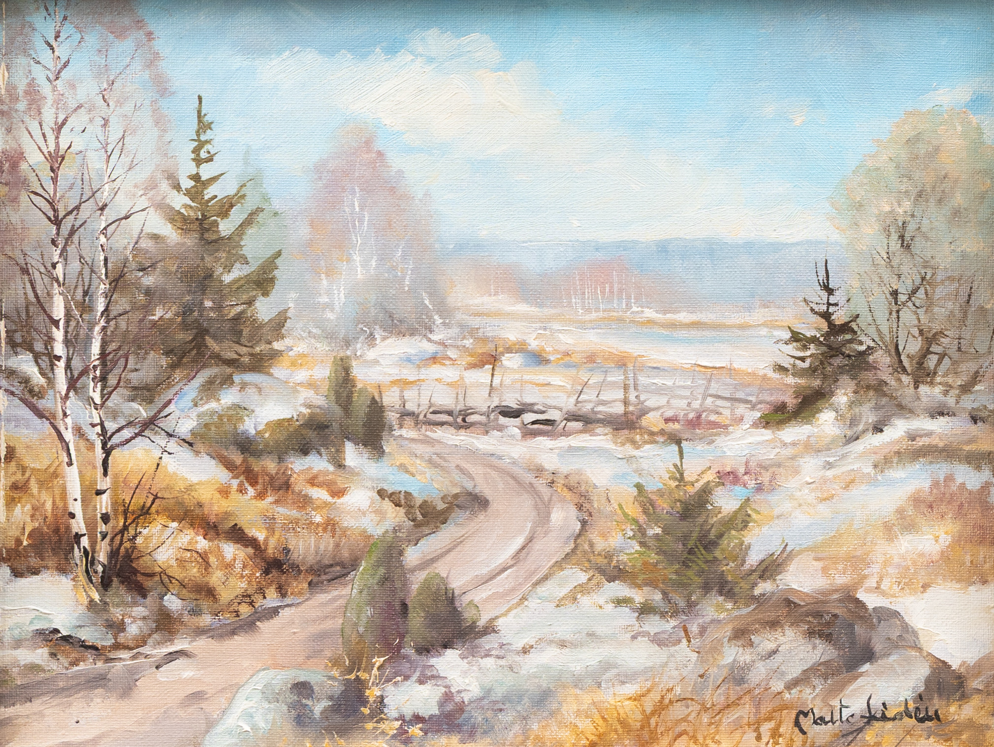 OIDENTIFIERAD KONSTNÄR. Vinterlandskap, olja på duk, otydligt signerad C.... Lindén.