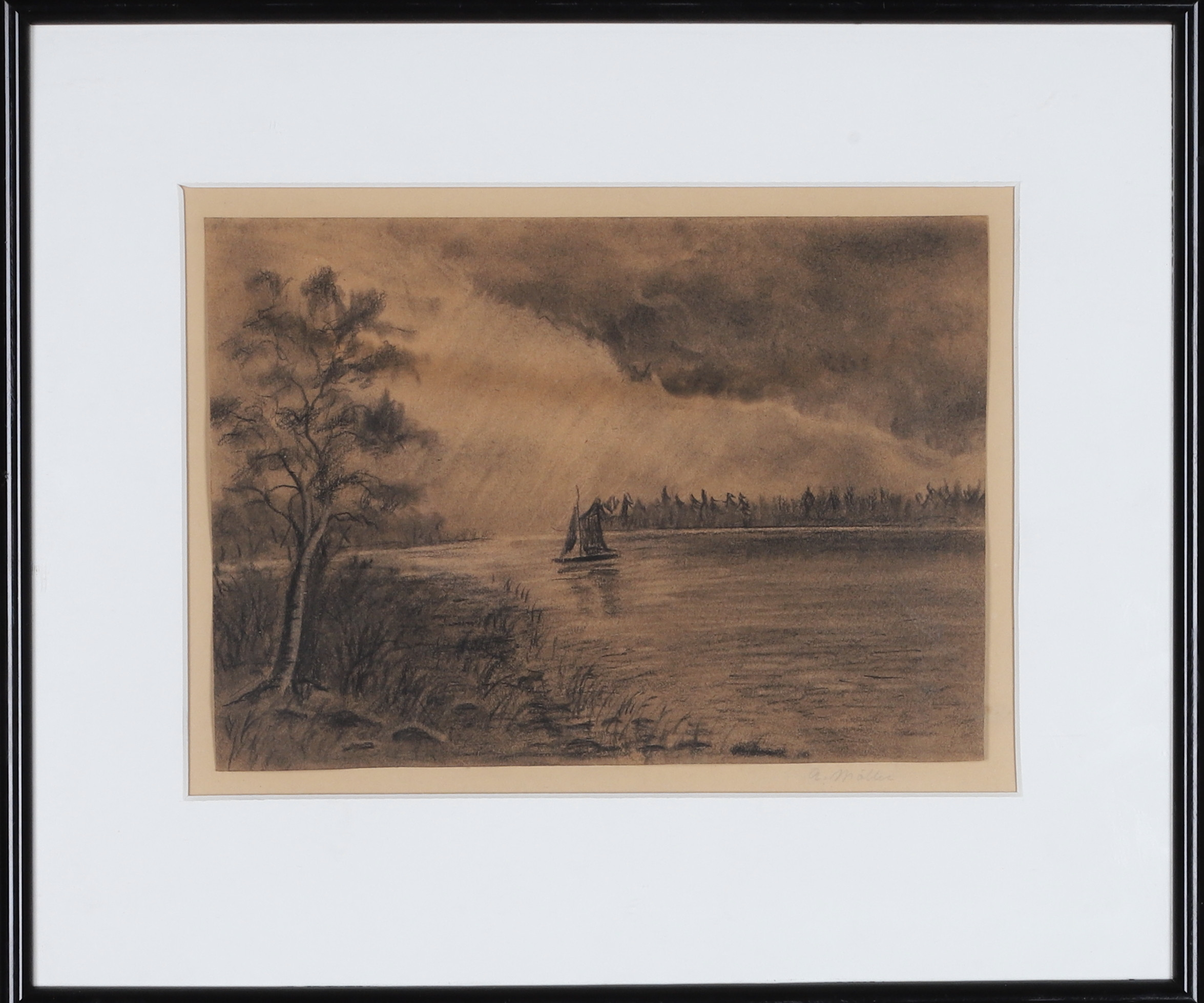 OIDENTIFIERAD KONSTNÄR, teckning, vid vattnet, signerad A. Möller.