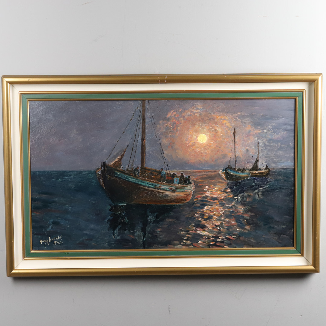 HARRY LINDAHL. Olja på pannå, "Skutor i månsken" signerad och daterad 1943.