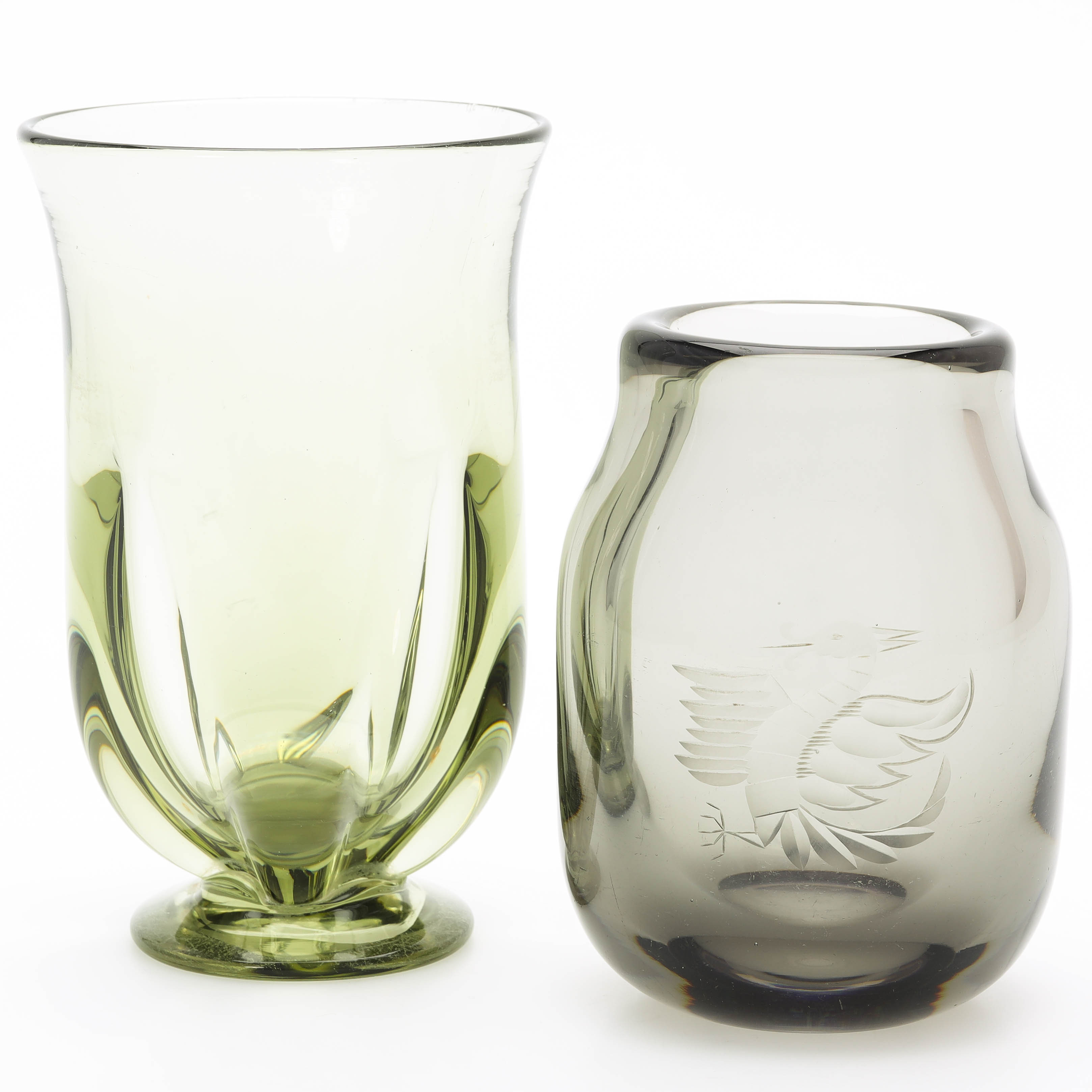 VASER, 2 st, tonat glas, signerade B 719 samt B45, troligen Kosta samt Strömbergshyttan, 1930-tal.