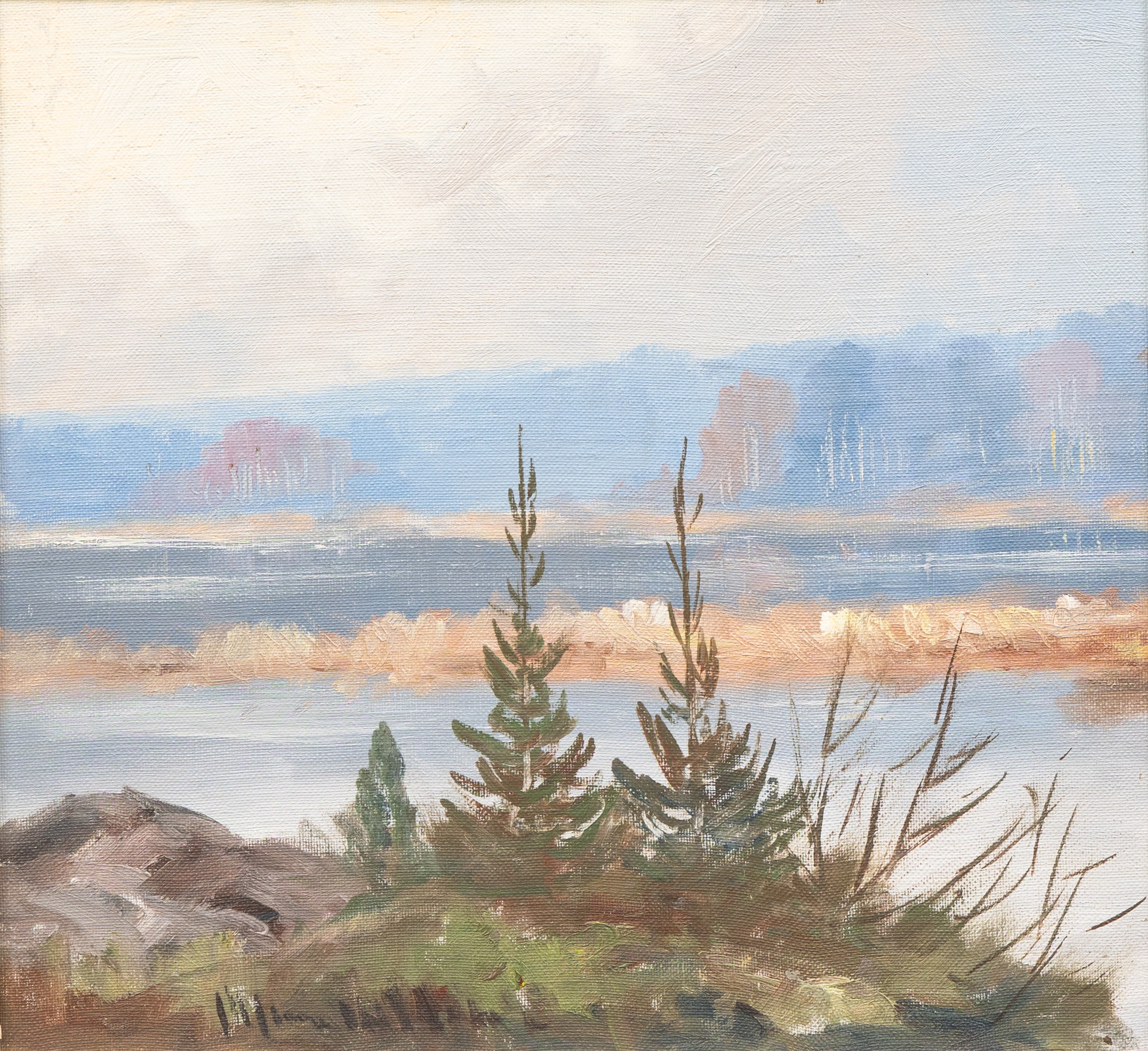 OIDENTIFIERAD KONSTNÄR. Insjölandskap, olja på pannå, otydligt signerad.