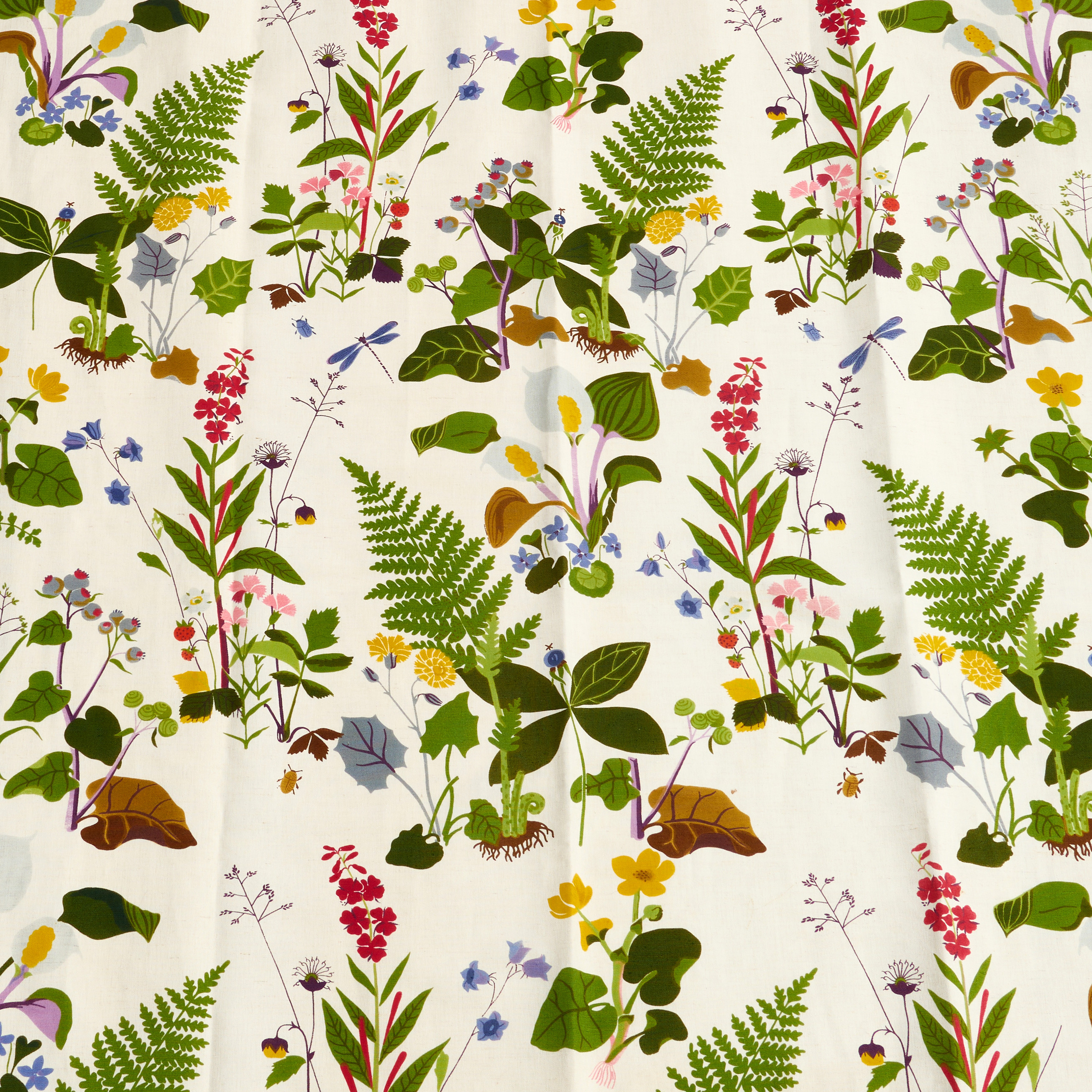 GOCKEN JOBS. Gardinlänger, ett par, "Trollslända", halvlinne, Jobs Handtryck Leksand.