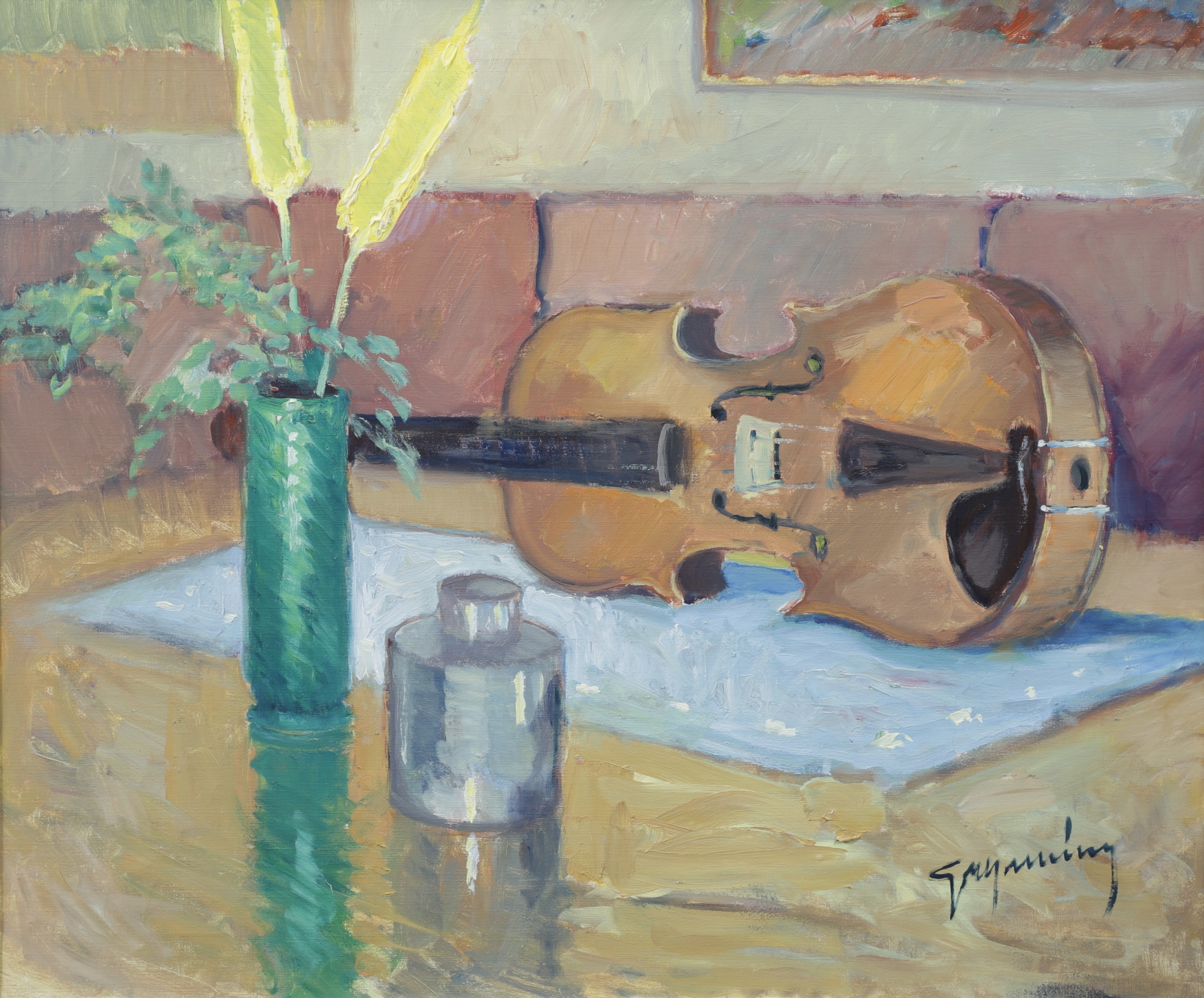 EVERT GRYNNING. Stilleben med fiol, olja på duk, signerad.