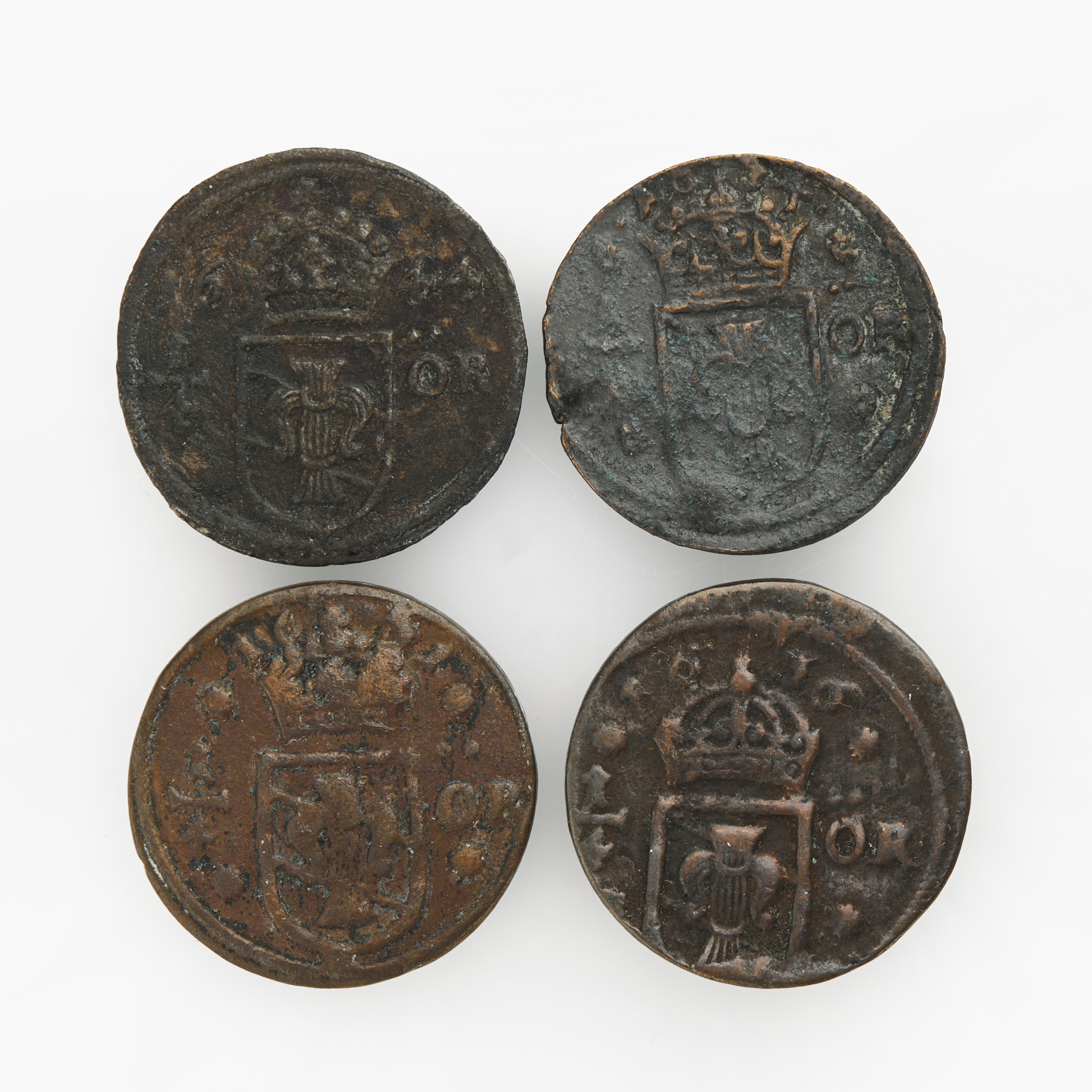 KRISTINA (1632-1654) 4st, 1/4 öre Nyköping 1634 och 1636, Säter 1641, Avesta 1644.