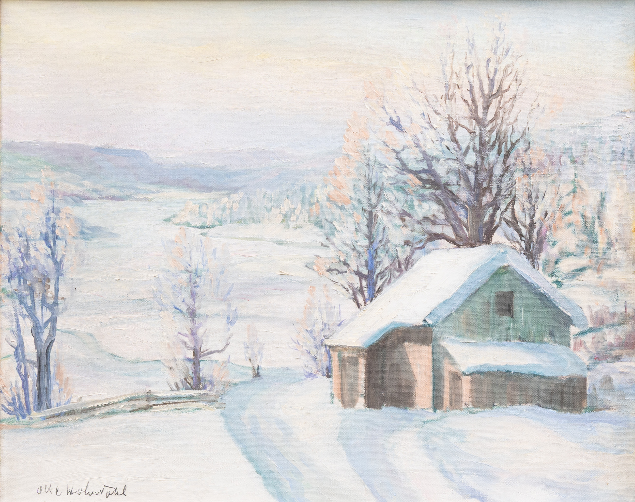 OIDENTIFIERAD KONSTNÄR. Vinterlandskap, olja på duk, Otydligt signerad.