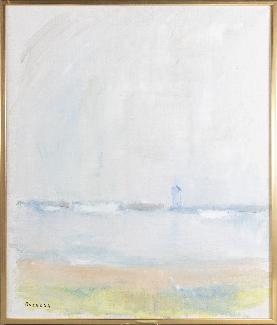 GUSTAV RUDBERG. "Båtar i hamn, Hven", olja på duk.